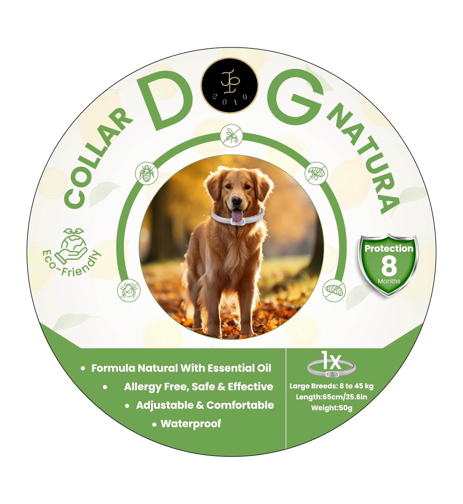 JP 2010 ® Collar Antiparasitario para Perros De Raza Mediana y Grande, A Base De Aceites Esenciales 100% De Efecto Repelente. 8 Meses De Protección contra Pulgas, Garrapatas y Mosquitos. (Raza Grande)