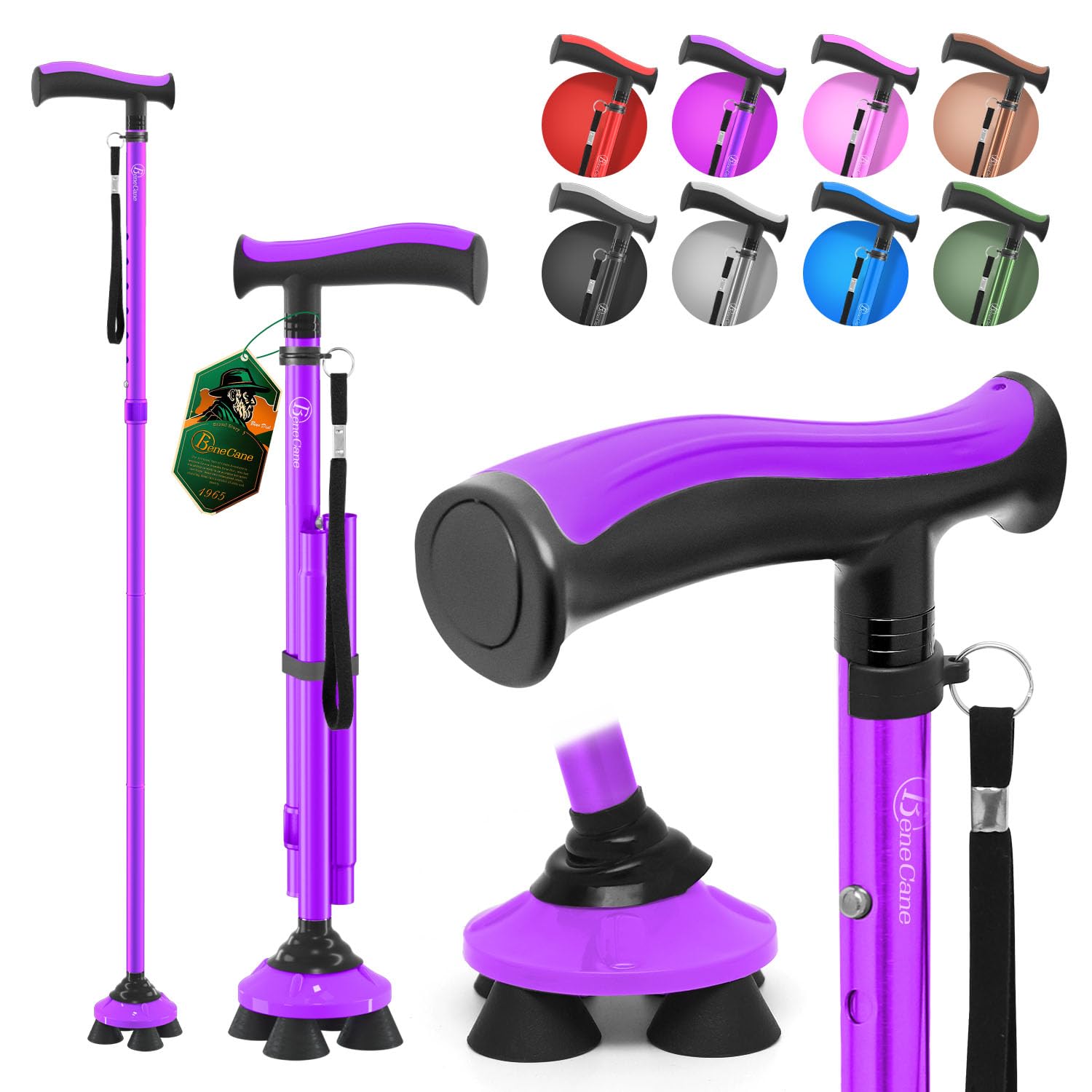 BeneCane Walking Cane for Men &amp; Women Walking Stick for Seniors Folding Canes Quad Cane Adjustable Lightweight Sturdy Collapsible Heavy Duty with Soft TPR T-Handle and Travel Bag