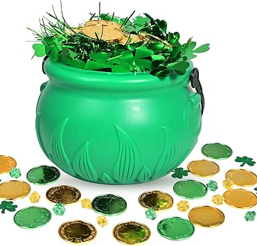 252Pcs St.Patricks Day Green Pot Set 5.7" St Patricks Day Leprechaun Plastic Cauldron Bucket with Shamrock Coins Gems Shamrock Garland & Sequins for St. Patricks Day Party Decor