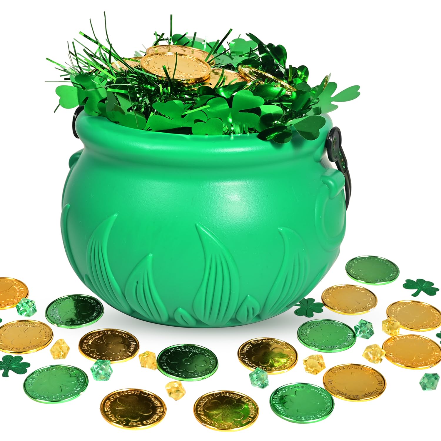 252Pcs St.Patrick's Day Green Pot Set 5.7" St Patrick’s Day Leprechaun Plastic Cauldron Bucket with Shamrock Coins Gems Shamrock Garland & Sequins for St. Patrick's Day Party Decor
