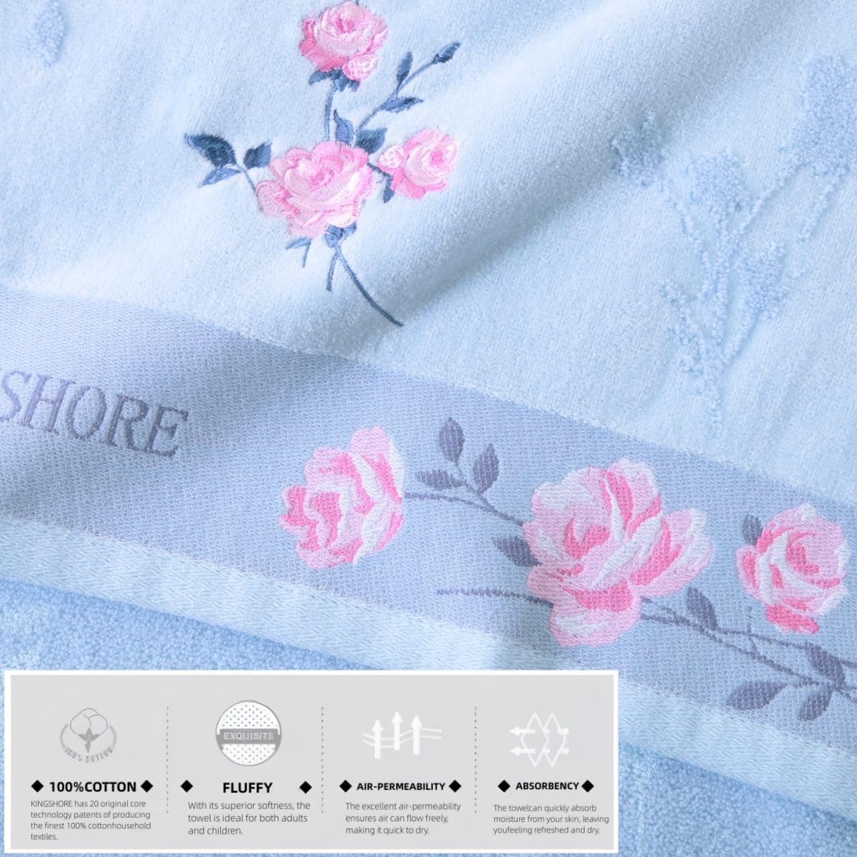 3 Piece Premium Bath Towel Set (Flowers), 1 Bath Towel 1 Hand Towel 1 Washcloth, Quick-Drying, 100% Cotton，Oeko-TEX Certified (Blue) - Image 7