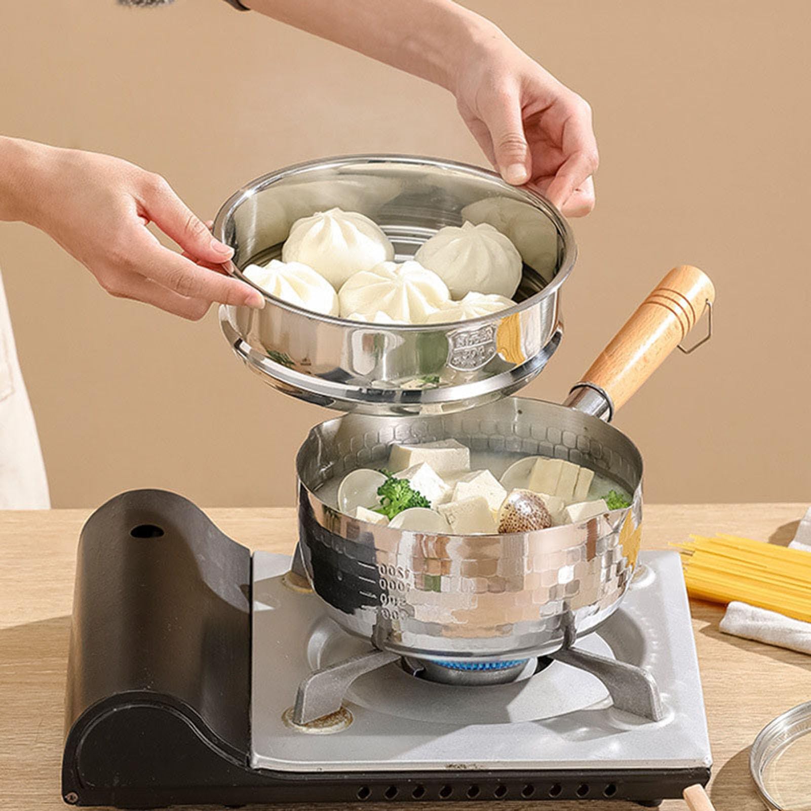 RSBFER Traditioneller japanischer Yukihira-Kochtopf mit Antihaftbeschichtung, Edelstahl-Milchsaucentopf mit Glasdeckel und Dampfgarer für Ramen und Milch,20cm/7.9in