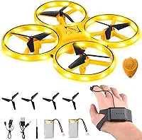 Drone controlado à mão atualizado 2026 para crianças, aeronave quadricóptero RC pequena com relógio inteligente, drone legal de controle remoto de LED 360°, 3 modos, 2 baterias de maior