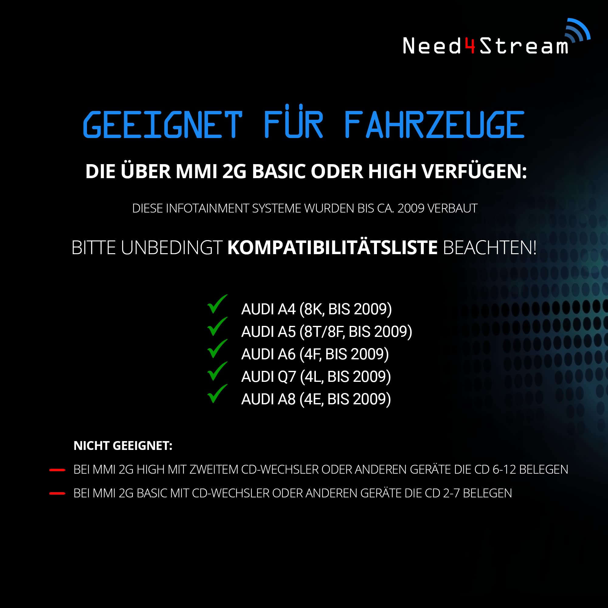 N4S73614 A2DP Bluetooth Audio Interface mit Titelanzeige für MMI 2G, kompatibel mit Audi A4 8K, A5 8T/8F, A6 4F, Q7 4L, A8 4E, kompatibel mit iPhone, Android und Streamingdiensten