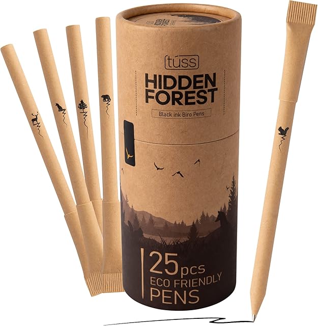 Túss® Eco Pens - (25 Pcs) Eco Friendly Black Ink Biro Pens : Craft Paper Ballpoint Pens - Vegan Eco Products, Gift for Men, Gift for women, Office supplies,Environment Friendly Kraft Paper Pens.