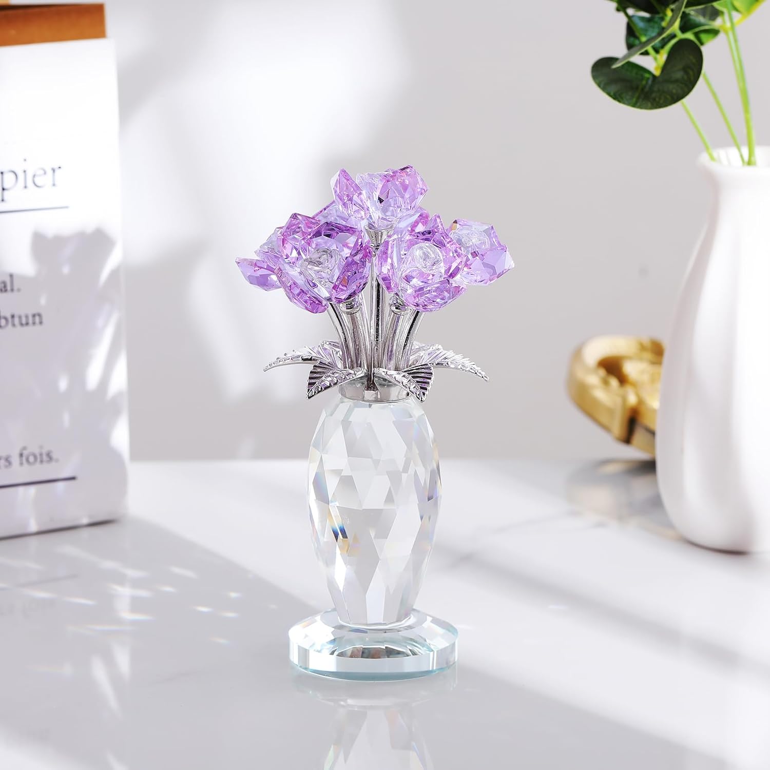 Crystal Purple Rose Bouquet Figurines Gifts for Women Romantic Flowers Ornament for Home Decor Anniversary Birthday Valentine's Day Presents for Girlfriend Wife Partner - Image 6