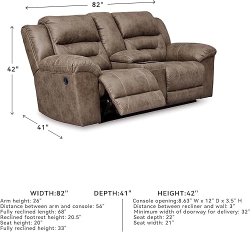 Miniatura 3 de Signature Design by Ashley Stoneland - Sofá biplaza reclinable manual de piel sintética con consola central, color marrón claro