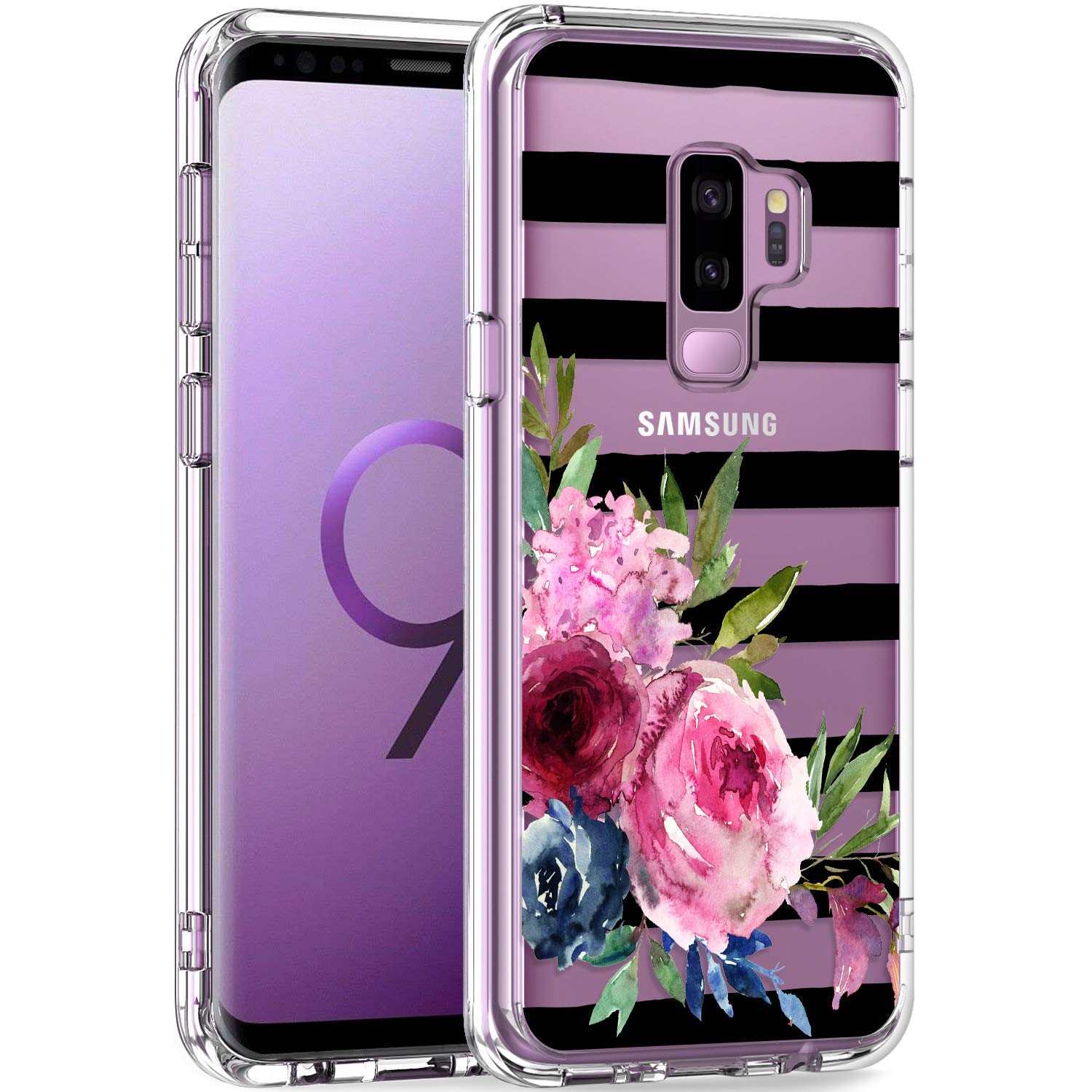 LUHOURI Samsung Galaxy S9 Plus Case Clear with Elegant Flowers Design for Girls Women,Shockproof Hard PC Cover and Soft TPU Bumper Slim Fit Protective Phone Case for Galaxy S9+ Plus 6.2 inch