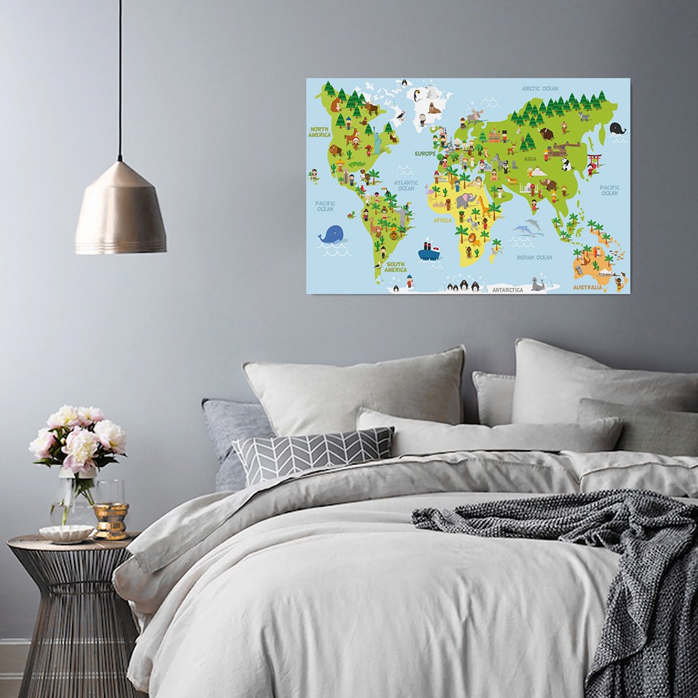 Feeby Quadro Su Tela Mappa Del Mondo 100x70 cm 1 pezzo Stampa Murale Fotografia Decorazione da parete Immagini Moderni per Soggiorno Camera da Letto Ufficio Cucina Il Moderno Mondo Bambini