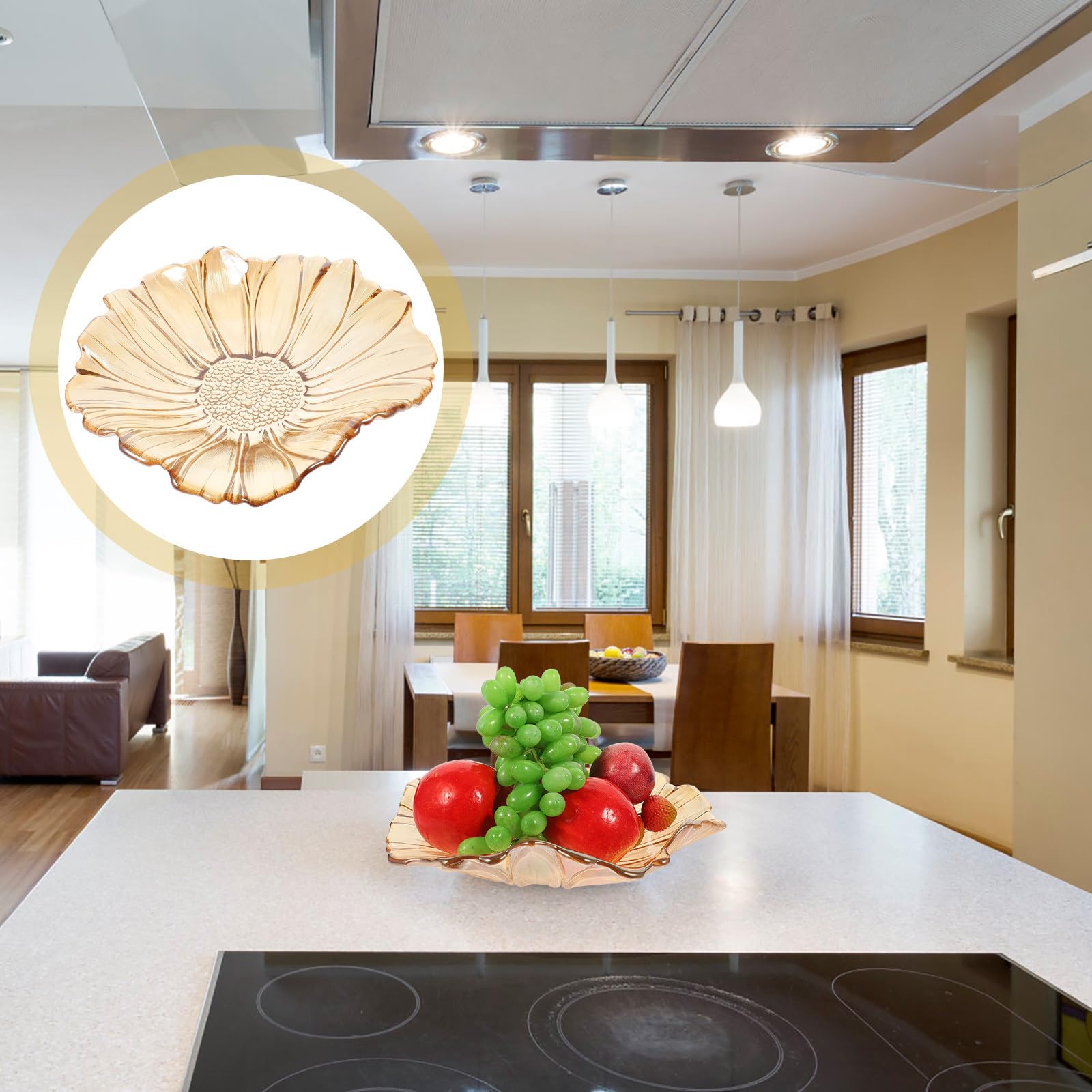 INOOMP Vassoio Portaoggetti in Vetro Ambra a Girasole, Piatto Portafrutta Creativo per Casa e Cucina, Forniture per Feste e Servizio Versatile per Colazione e Cena