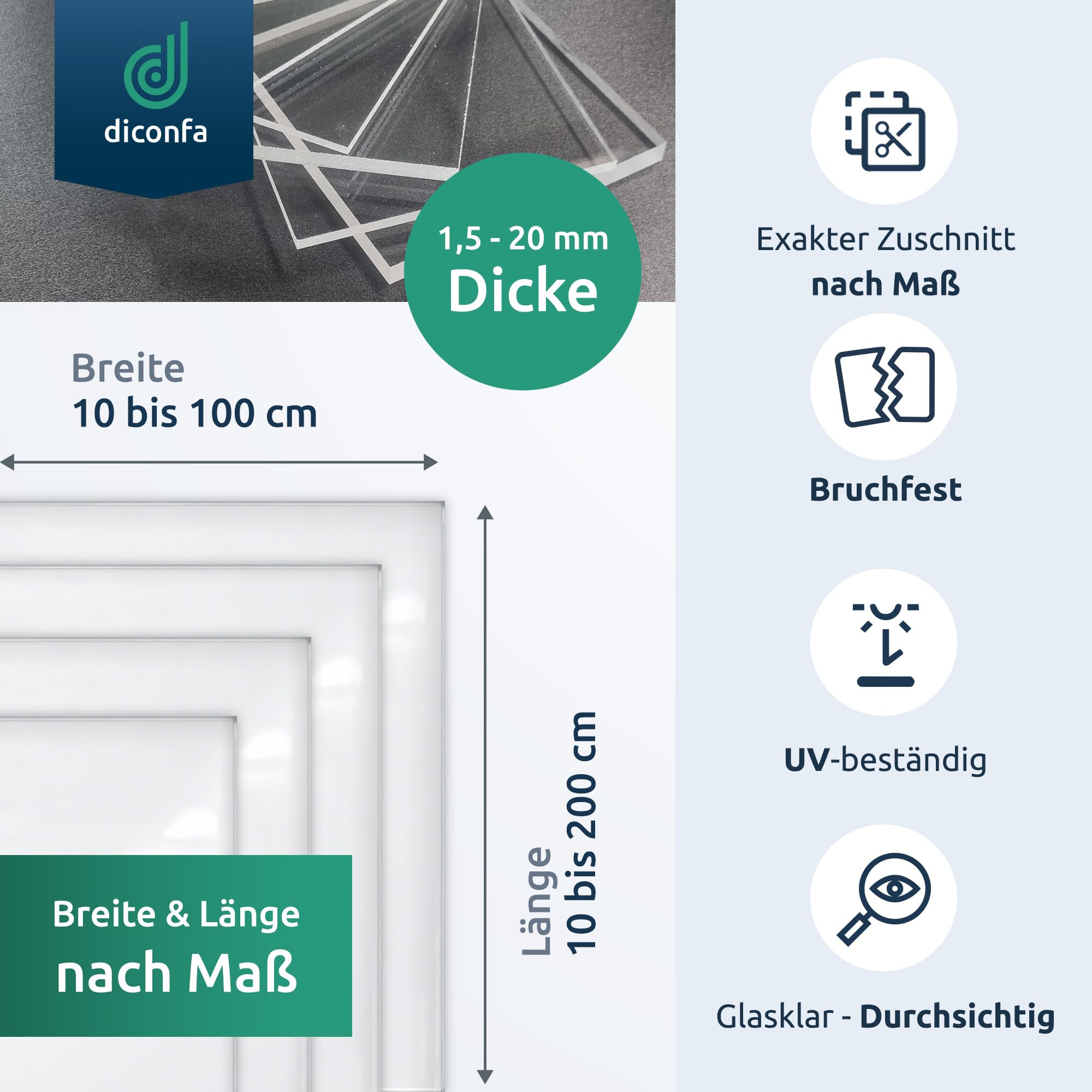 diconfa PROFILINE Acrylglas Platte XT nach Maß - DICKE 5 bis 10mm und GRÖßE WÄHLEN - 600 x 400mm, 8mm stark - glasklar transparent durchsichtig UV-beständig stabile Kunststoffplatte PMMA