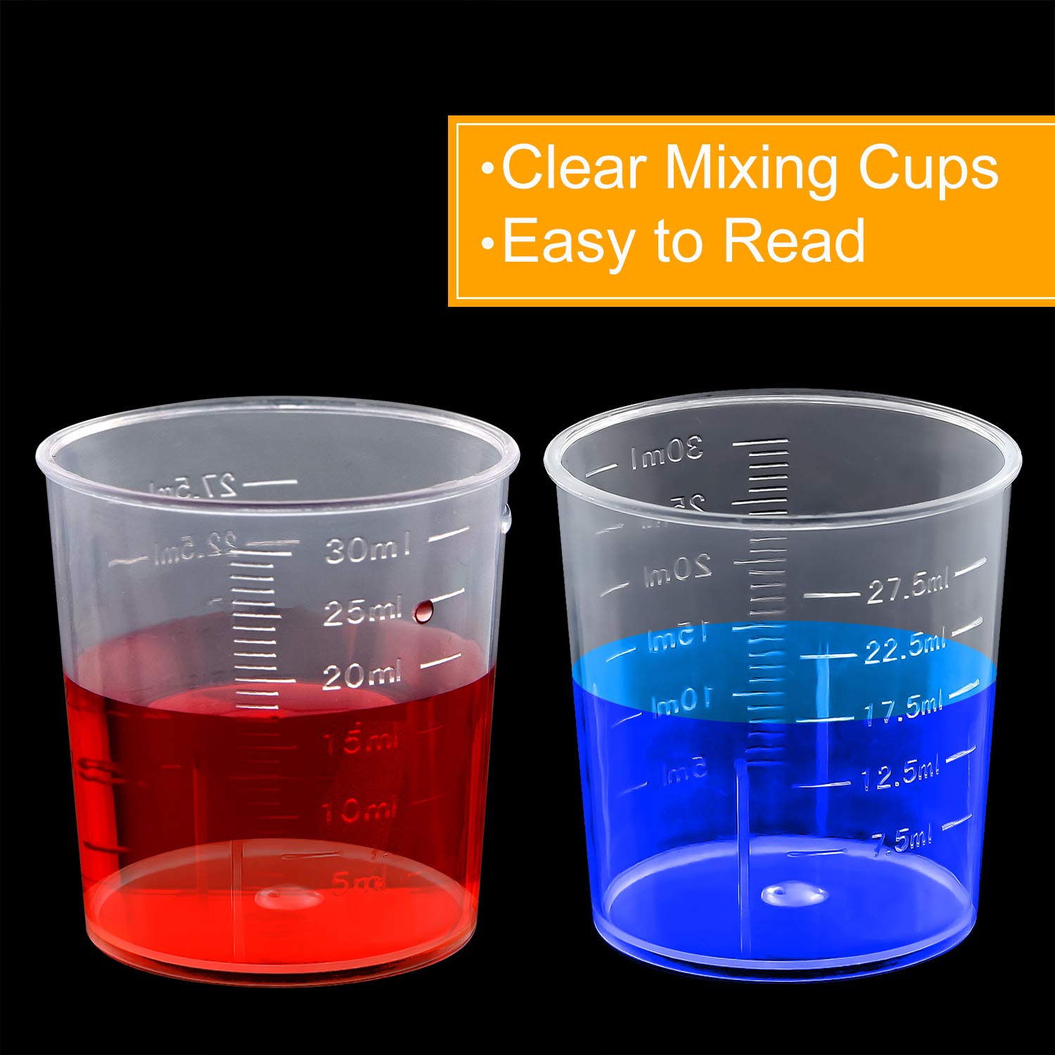 Coopay Vasos graduados de plástico transparente de 30 ml, vasos transparentes de escamas de 30 ml, con 100 varillas de madera para mezclar, resina, epoxi, manchas, pintura mezcladora