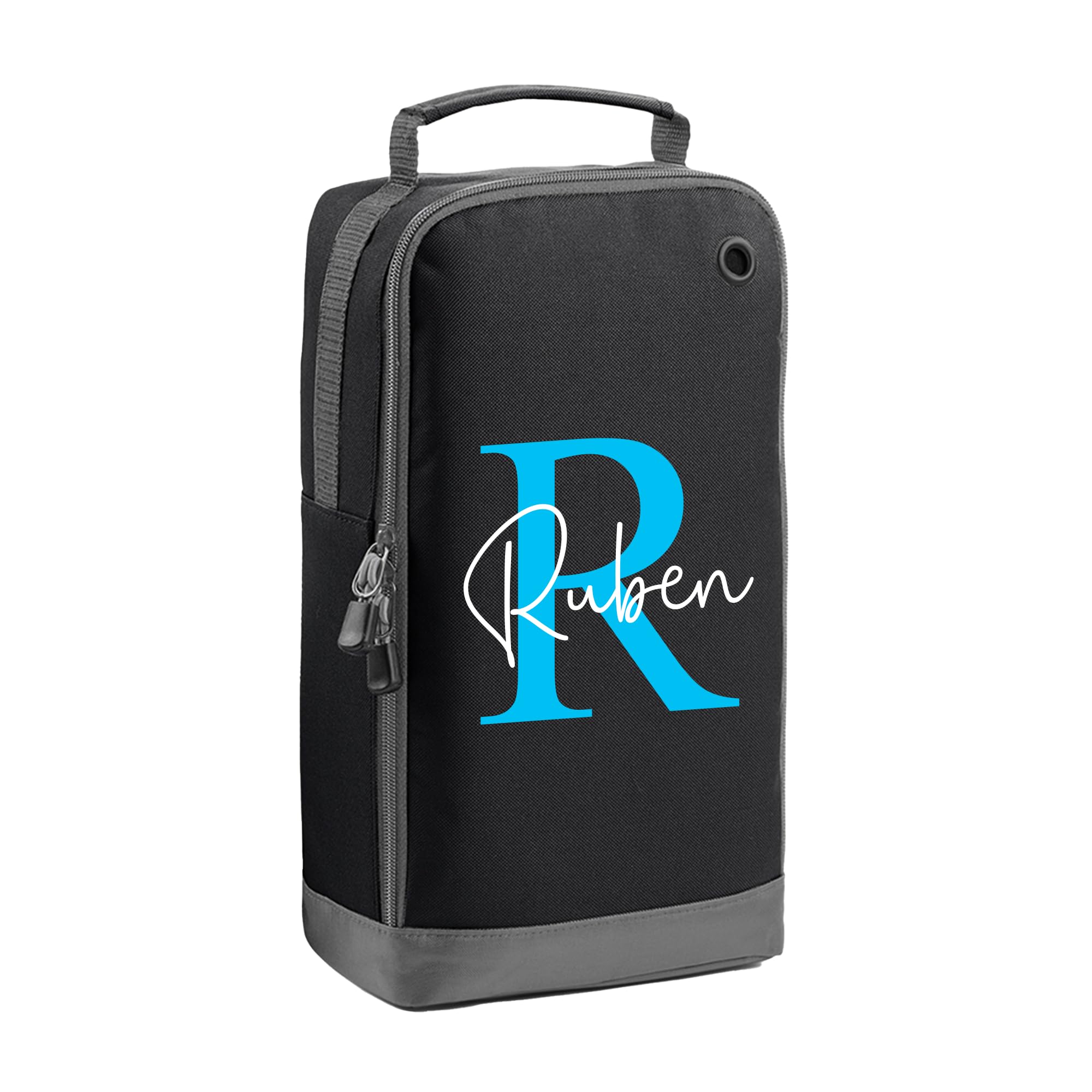 Personalised Kids Boot Bag with Custom Name - Blue Initial Design - Black Shoe Bag for PE & School