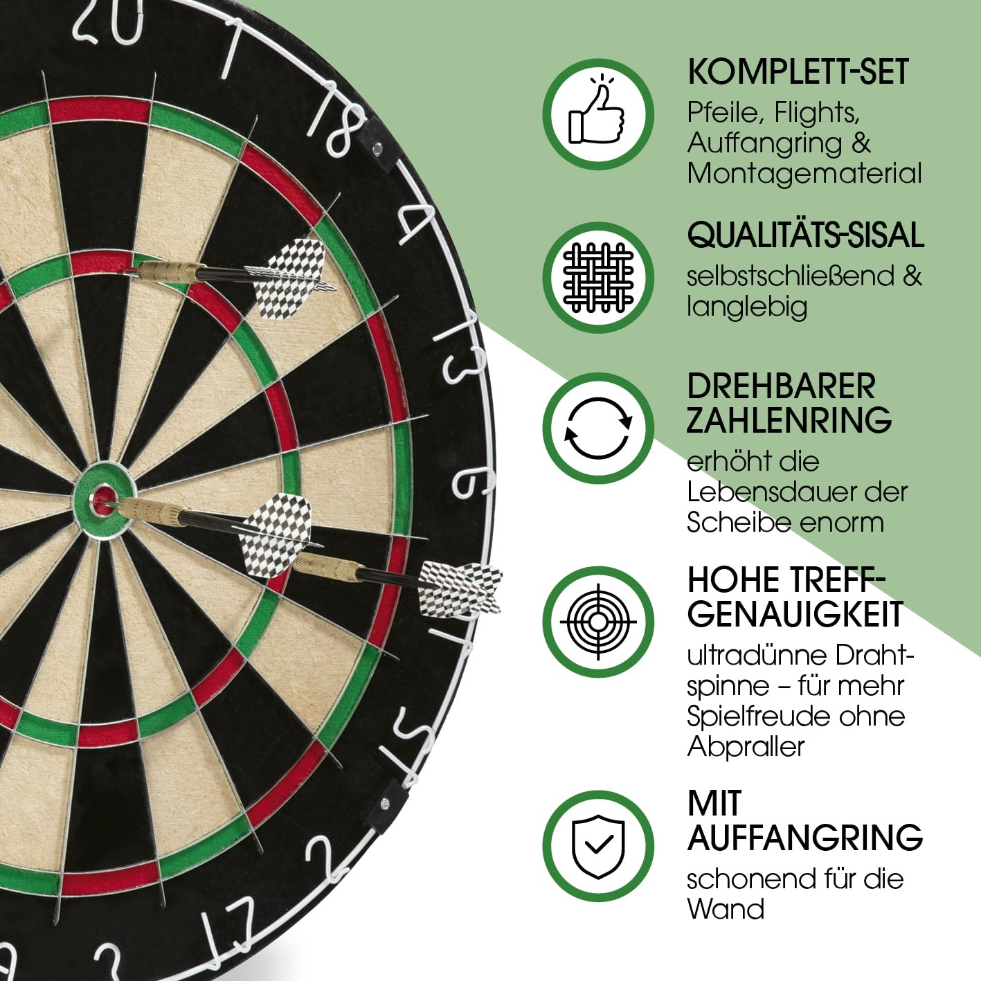 Dartscheibe | Dart Komplett-Set mit 6 Dartpfeilen & optionaler Dart-Beleuchtung | Steeldart inkl. Flights | Sisal Dartscheibe mit Schutzring | Dartboard aus selbstschließenden Sisalfasern