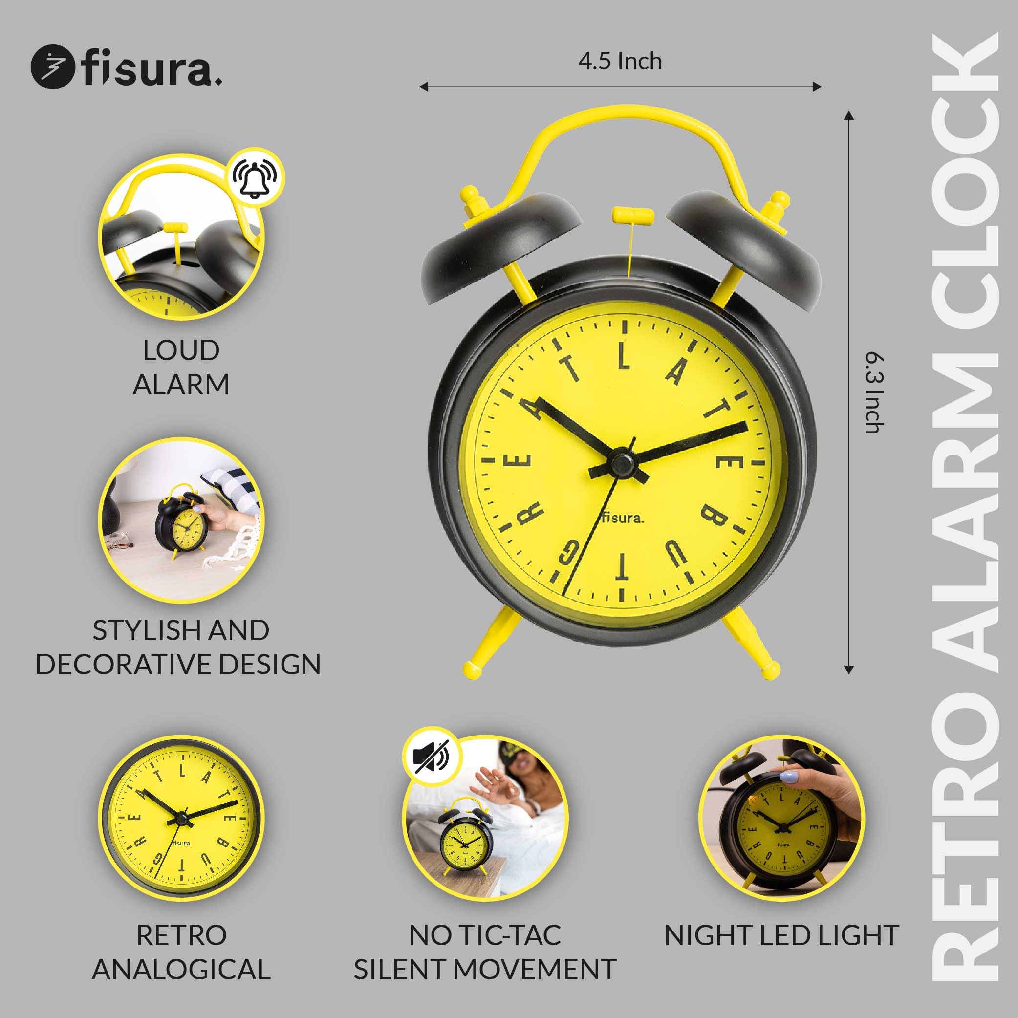 Fisura - Réveil analogique noir avec message sans tic-tac. Réveil avec