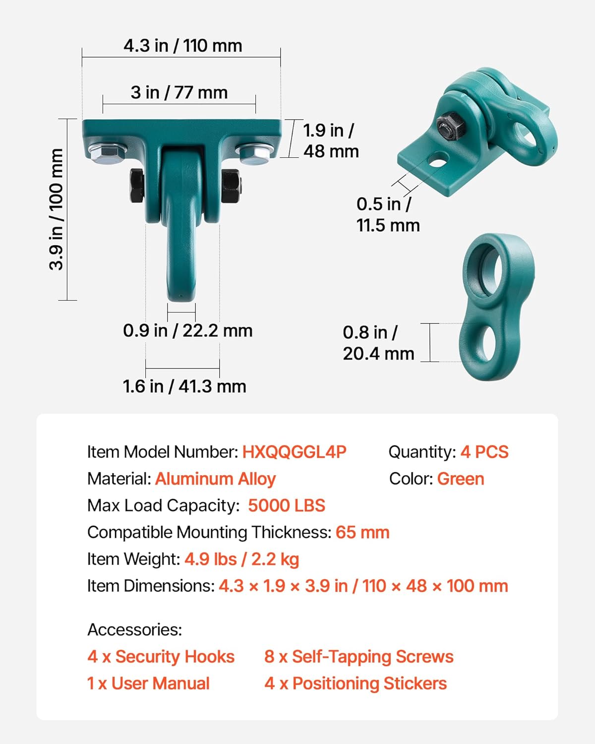 VEVOR Swing Hangers, 4 Pack Heavy Duty Swing Brackets, 5000 lbs Capacity, Screws Bolts Included, Smooth Dual Bearing, Aluminum Alloy Hangers, for Playground Porch Yoga Chair Wooden Indoor Outdoor