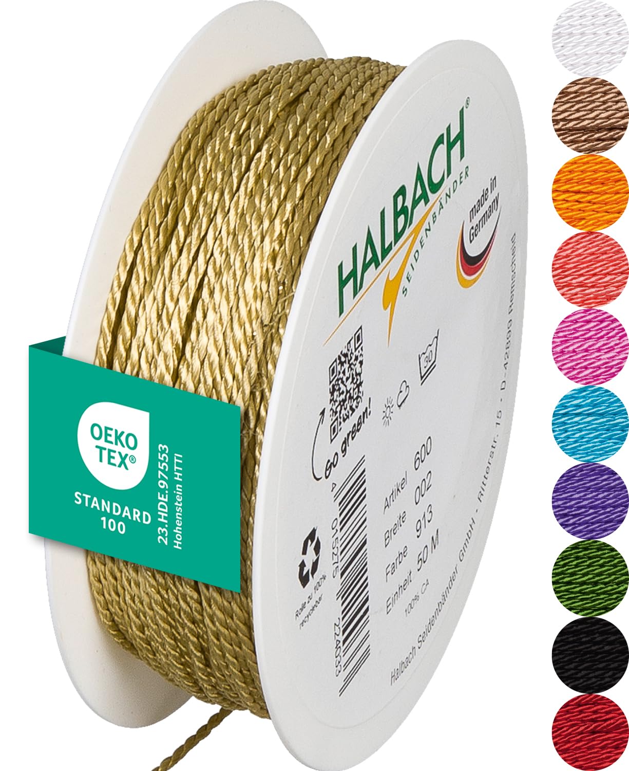 Halbach Seidenbänder Premium Kordel (honiggelb) | Breite 2mm Länge 50m | Made in Germany & Öko-Tex Zertifiziert | glänzende Satinkordel aus Acetat
