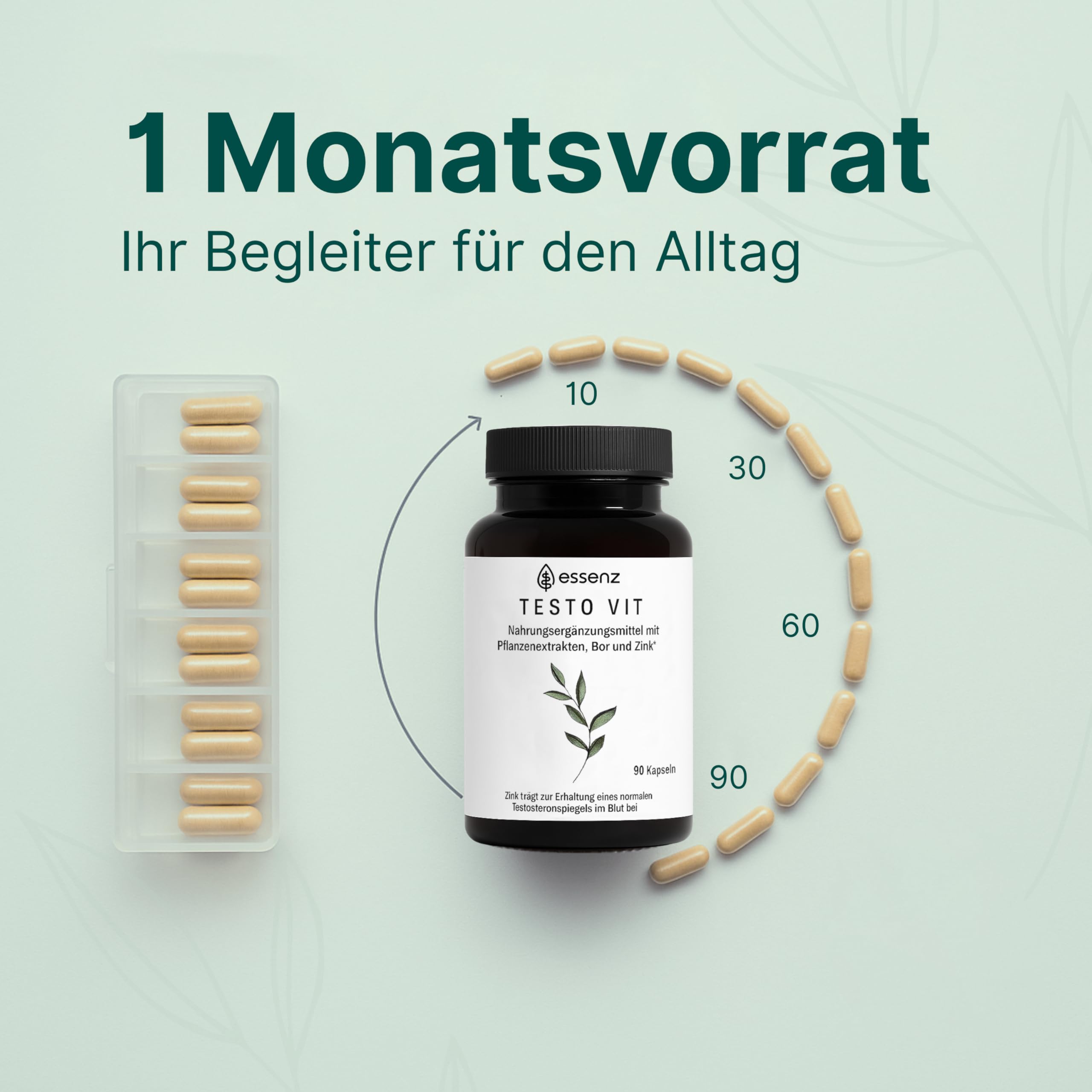 ESSENZ - Testo Vit 90 Kapseln - Natürliche Testo Vit Kapseln mit Ashwagandha-, Bockshornkleesamen- & Schwarzes Maca-Extrakt. Zur Förderung des Wohlbefindens