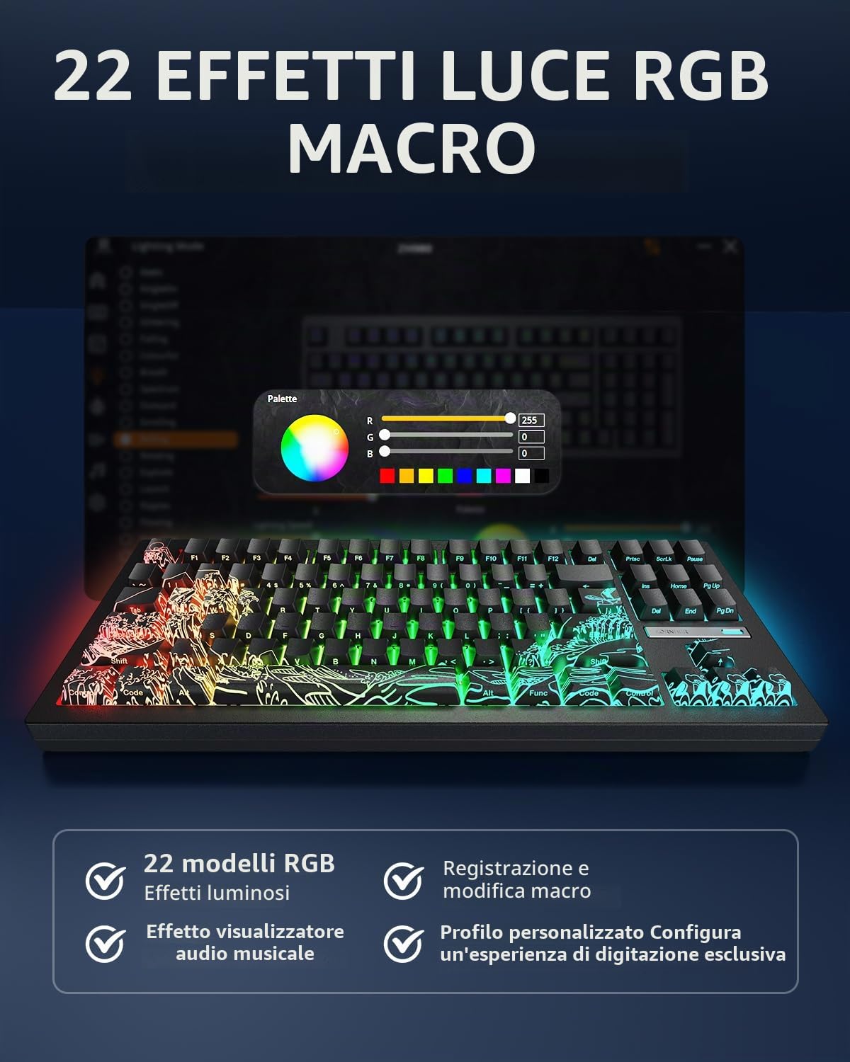 ZORNHER Tastiera meccanica da gioco wireless ZH870, tastiera nera con suono cremoso personalizzato all'80% con lucentezza, tasti Kanagawa IMD PBT, interruttori lineari pre-lubrificati, sostituibile a