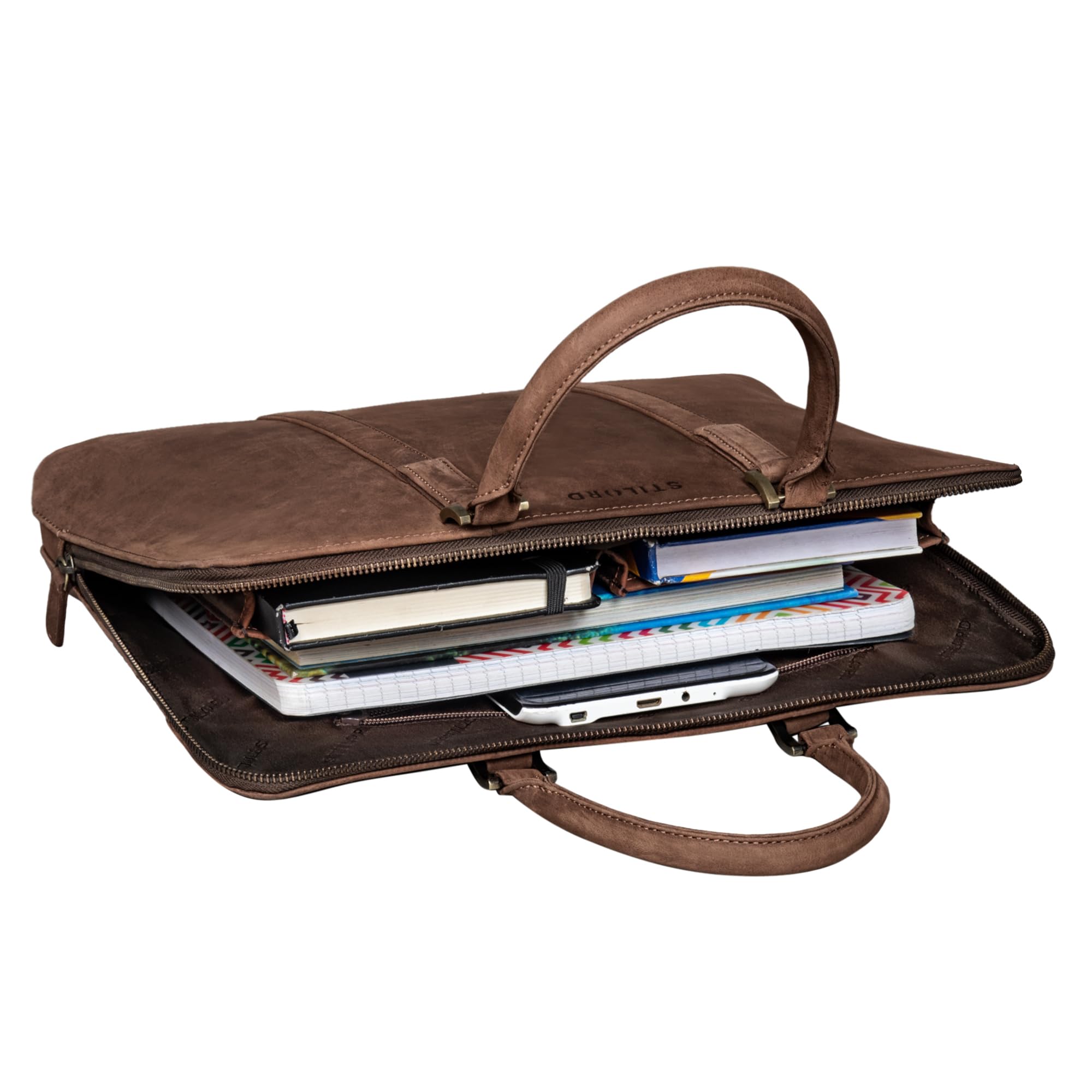 STILORD "Leonora Schmale Aktentasche Damen Leder Dokumententasche A4 - Elegante Büro Tasche 15,6-16 Zoll Laptoptasche Echtleder mit Standfüßen für Arbeit & Uni Farbe:aneto - braun