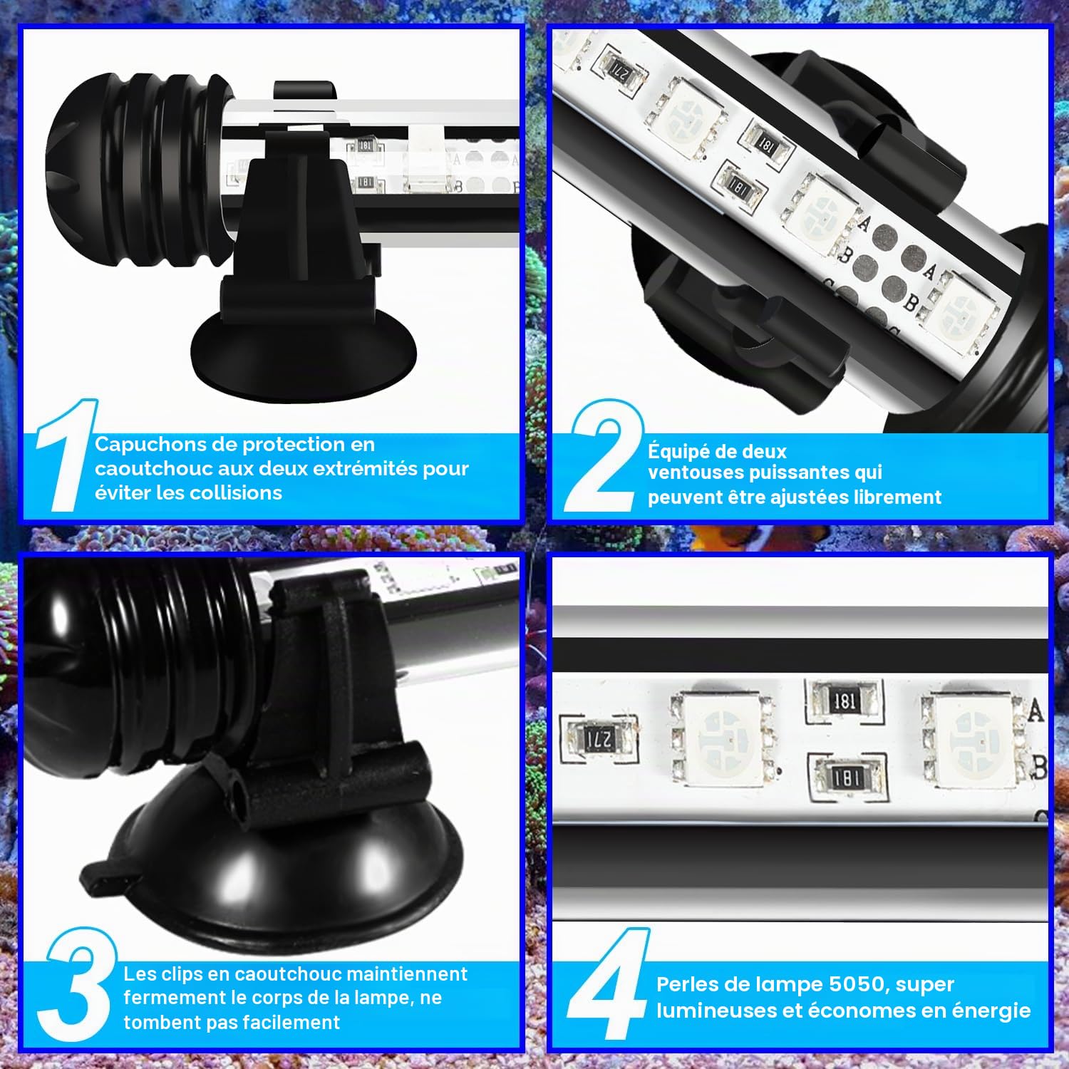 Aquarium Light LED, éclairage pour aquarium LED, 13.2W Aquarium Light RGB, IP67 étanche, Universal Fit Aquarium Lamp, pour réservoir à poissons, aquarium de plantes, EU Plug