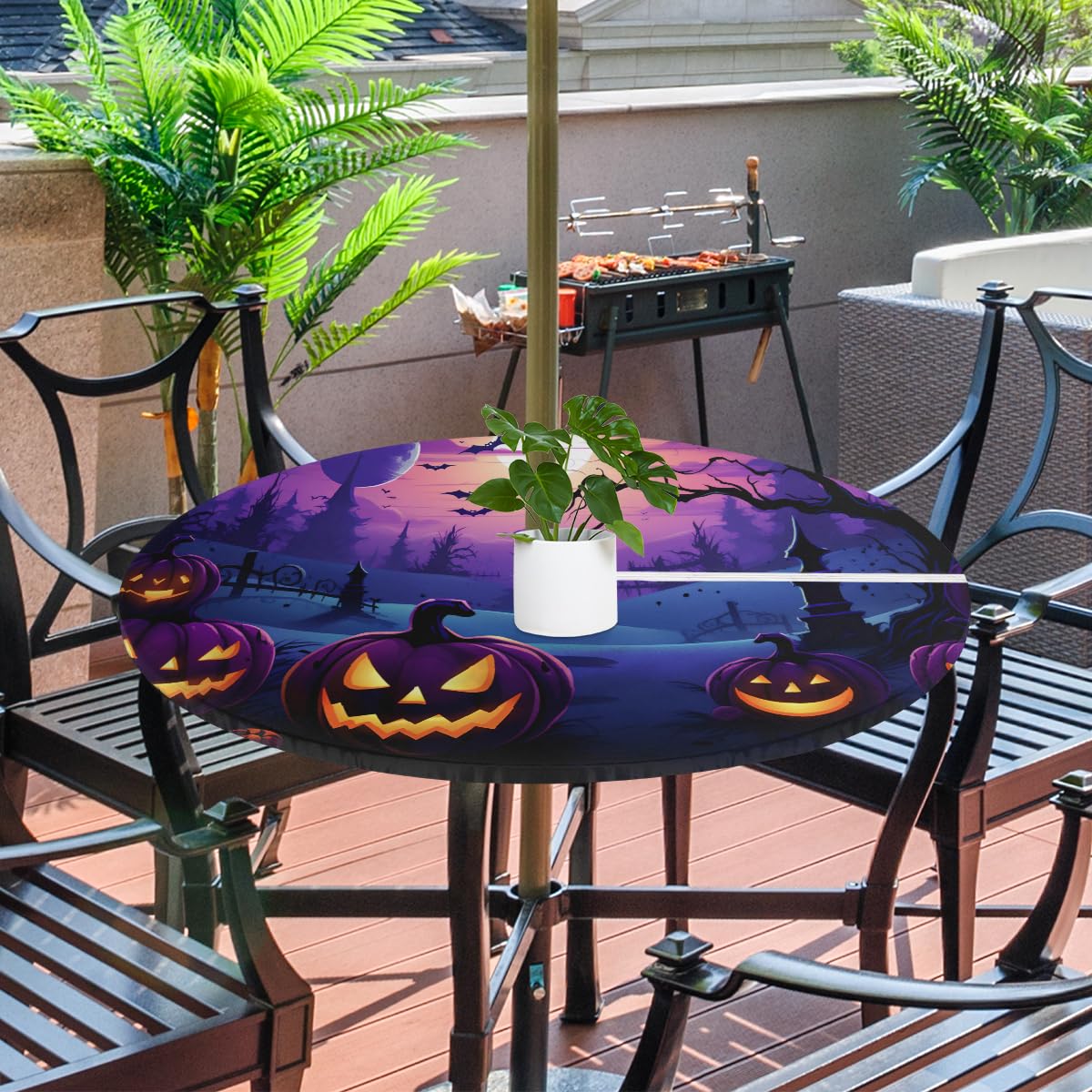 cfpolar Halloween Pumpkins Bat Tree Outdoor Round Fitted Tablecloth with Elastic Edge, Waterproof Table Cover with Umbrella Hole Table Cloth, for Party Family Dining Fits 45-56 in Diameter Table