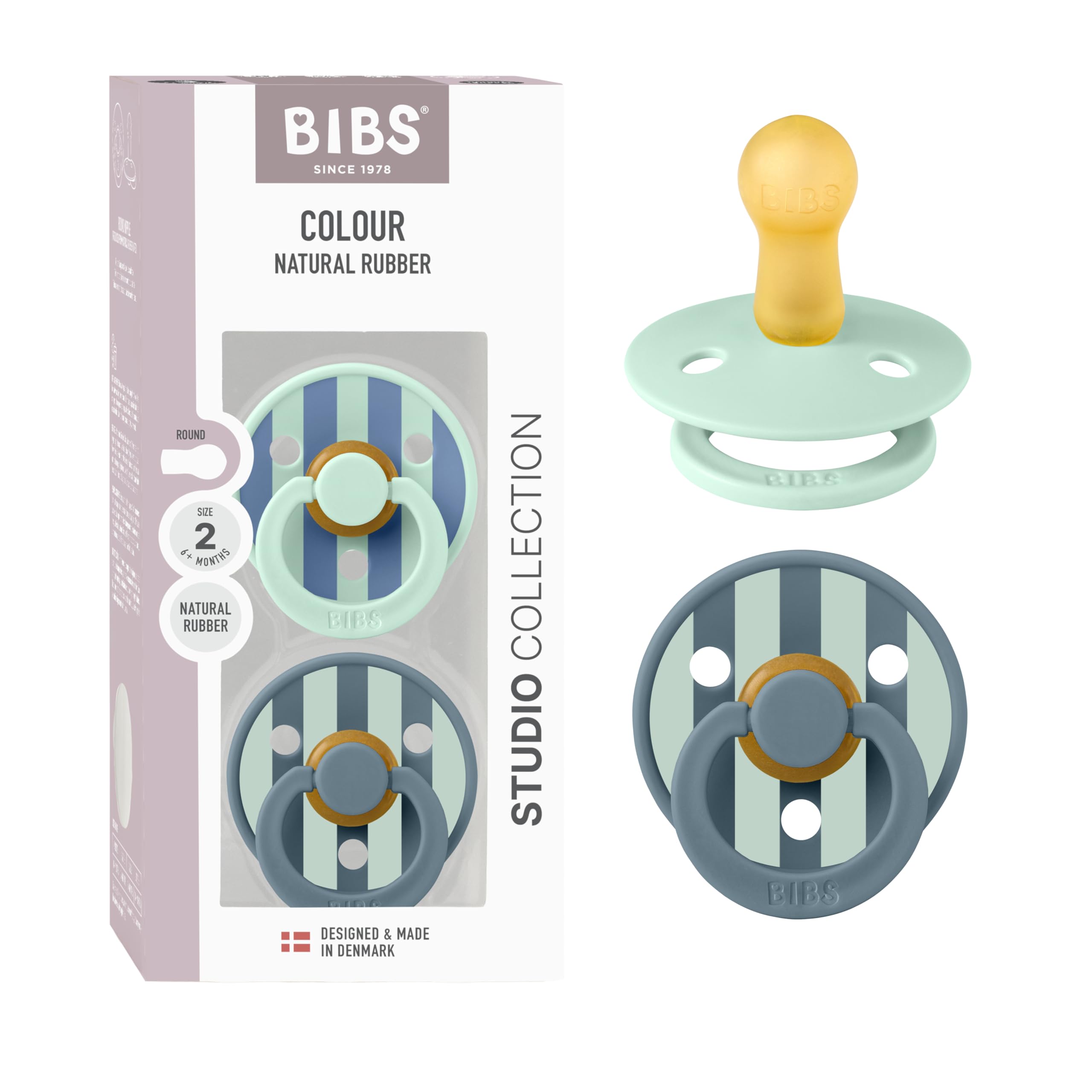 BIBS Colour Studio Soother 2-Pack, BPA Free Dummy Pacifier, Round Nipple. Natural Rubber Latex, Made in Denmark, Size 2 (6-18 Months), Violet Sky/Petal — view 17