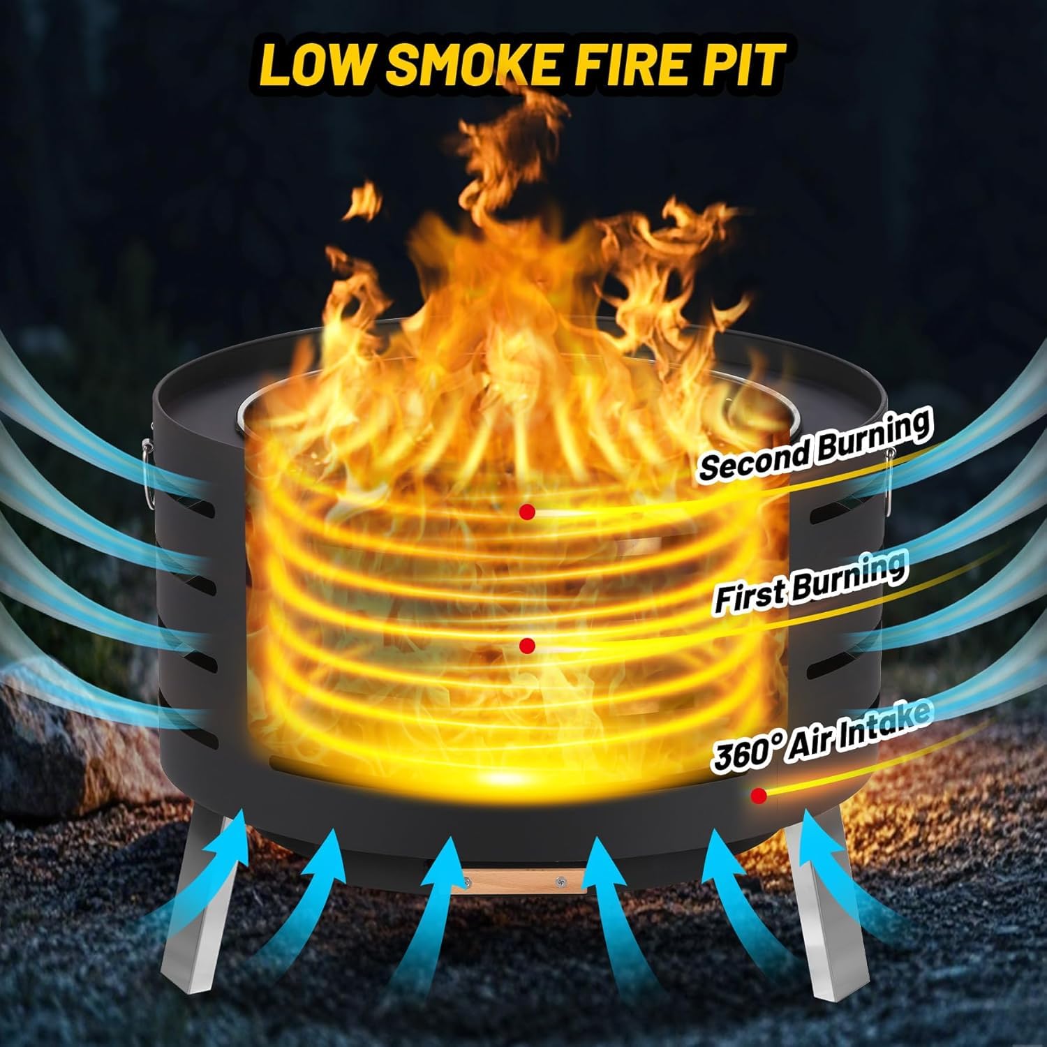 Brasero portátil de Exterior sin Humo de 66 cm (26 Pulgadas) con Interruptor de Aire y cenicero extraíble. Incluye atizador, Bolsa de Transporte y es Ideal para barbacoas, fogatas y acampadas.