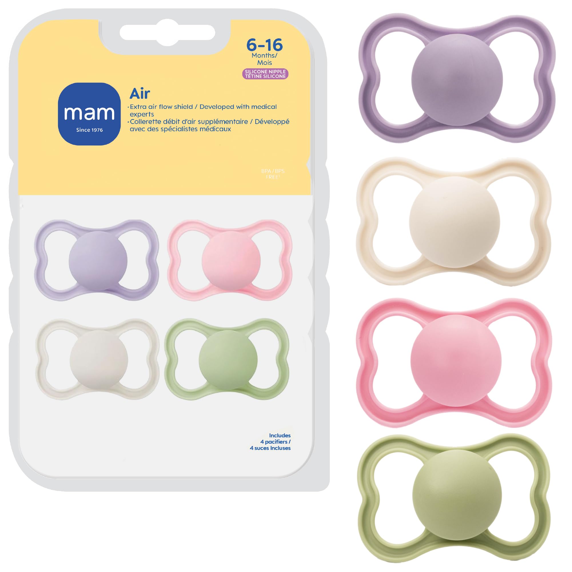 Air Matte Pacifiers, for Sensitive Skin, 6+ Months, Best Pacifier for Breastfed Babies, Girl Pacifiers, 6-16 Months, 4 Count (Pack of 1)