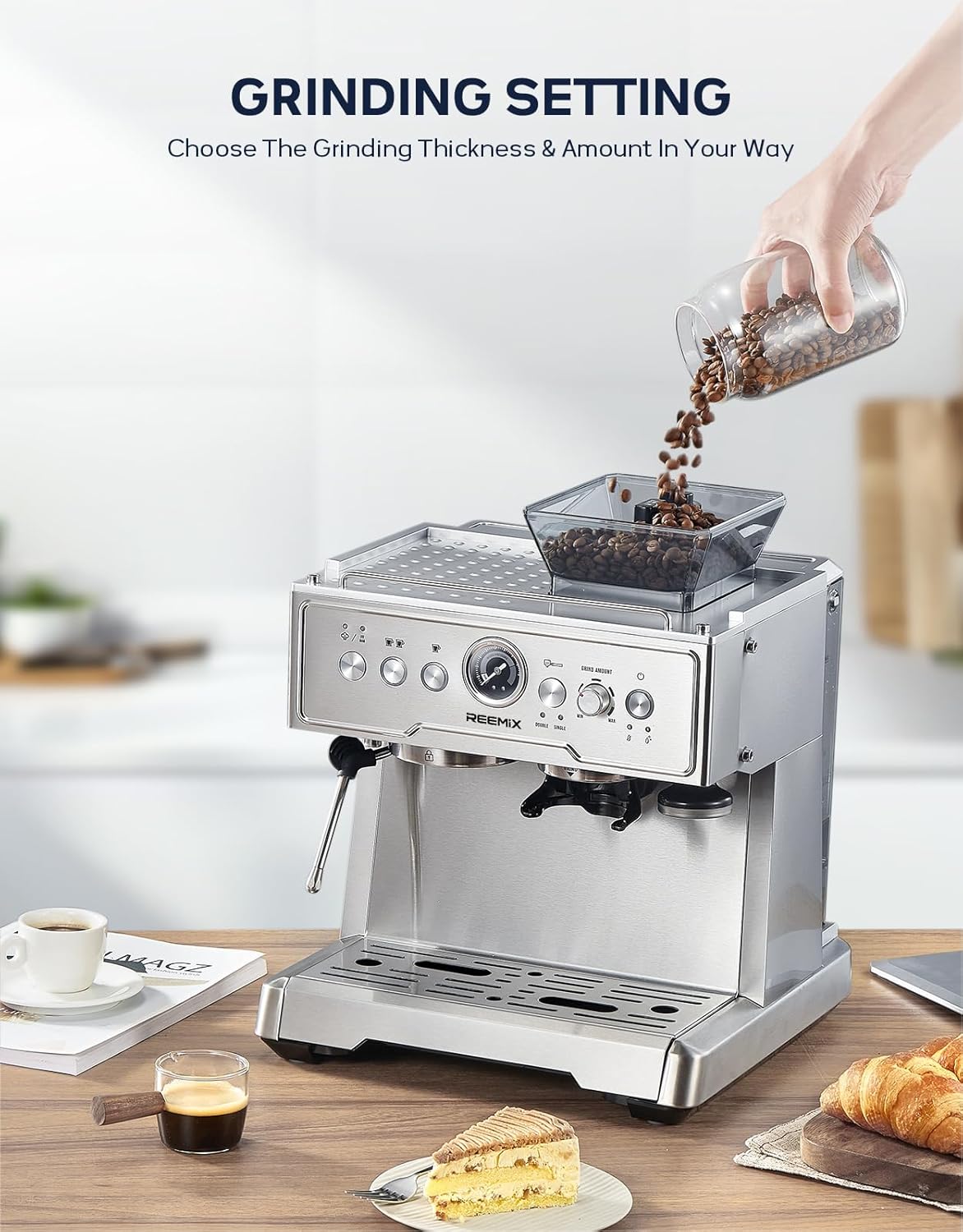 Macchina per caffè espresso da 20 bar con macinino integrato e montalatte da 1350 W, serbatoio da 2,8 l, acciaio inox/argento