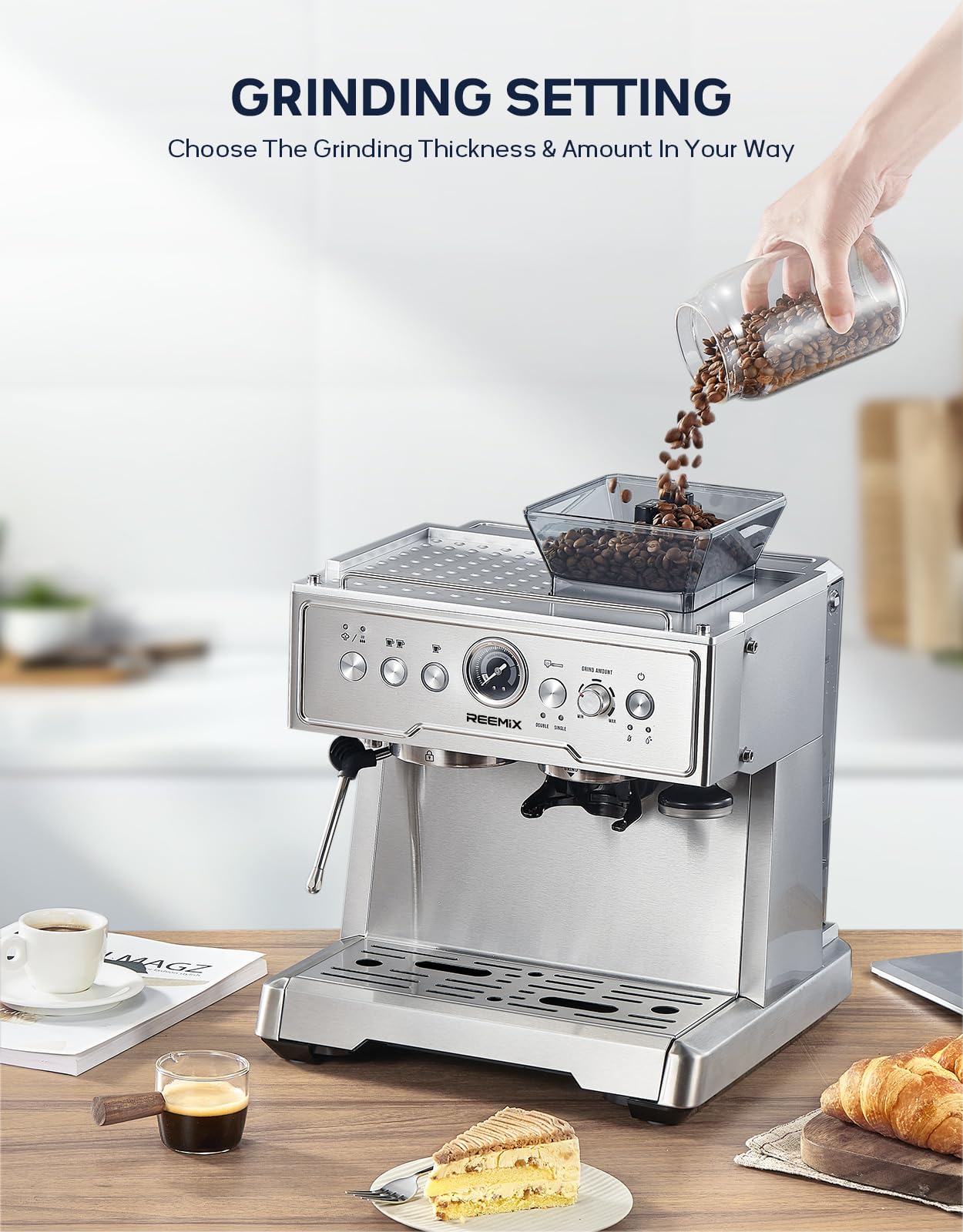 Reemix Machine à Expresso avec Porte-Filtre, Machine à Café 20 Bars avec Moulin Intégré et Mousseur à Lait, 1350 W, Réservoir de 2,8 l, Acier Inoxydable/Argenté, Kit Barista (54 mm Porte-Filtre)