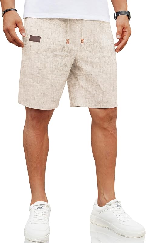 COOFANDY Men Linen Beach Shorts Casual Drawstring Summer Vacation Shorts | Elastic Waist, Lightweight Stretch Short, 9 Inch Inseam, Slim Fit, Holiday Vacation Shorts, Flat Front Short, Hawaiian Style