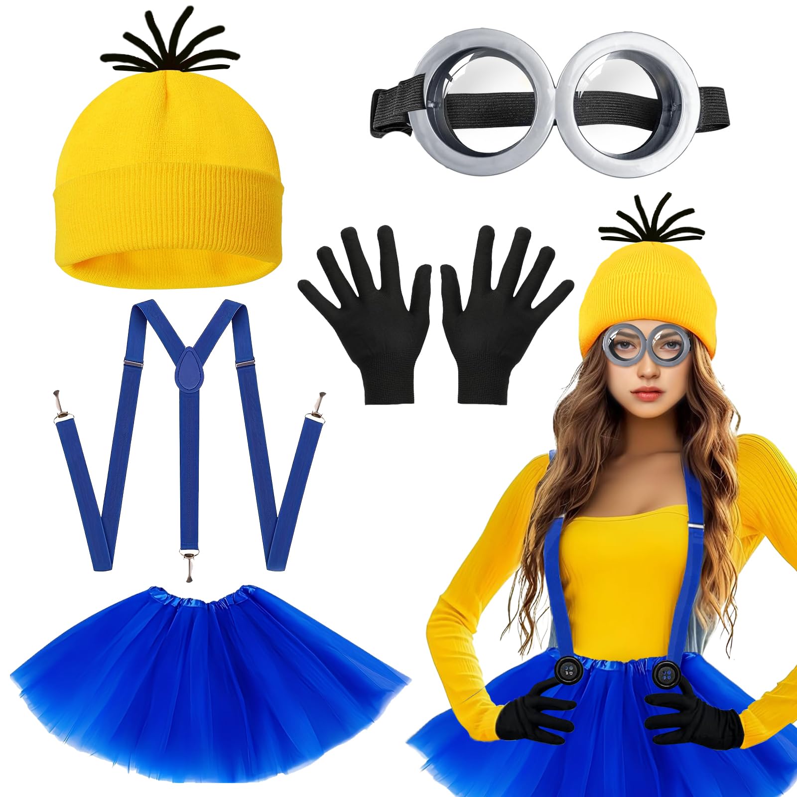 Glirop 5PCS Yellow Costume Accessories for Adult, Fancy Dress Set with Goggles Black Gloves Beanie Knit Hats Tutu Skirt Blue Straps Party Costumes for Halloween Cosplay Party Supplies