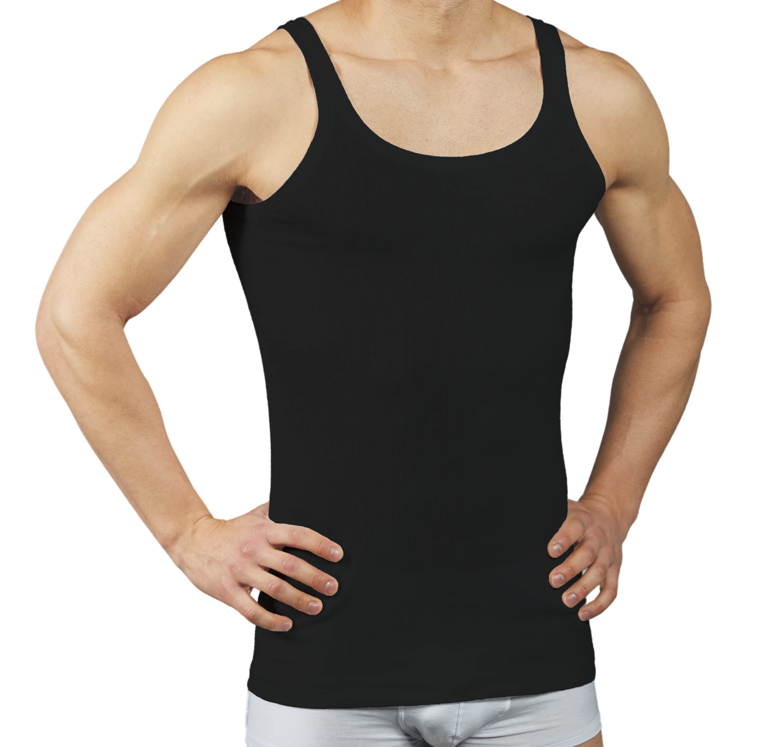 VP Pinuccio Venegoni Conjunto de 3 camisetas para hombre íntimo acanalado; fabricado en Italia, 100% algodón mercerizado; Camiseta de tirantes de hombro estrecho íntima blanca negra sin mangas;