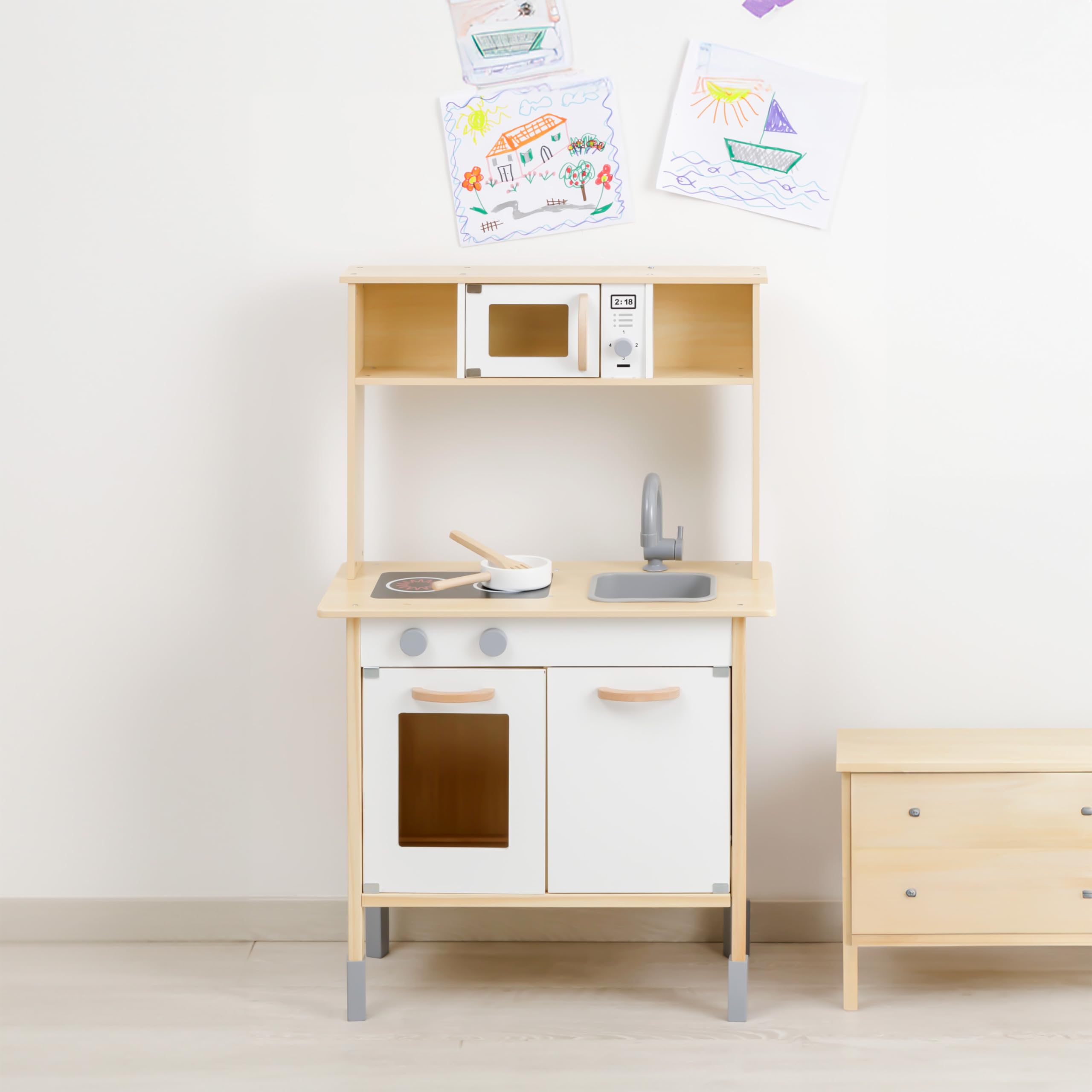 Baroni Toys Montessori Holzküche Spielzeug für Kinder, Mini-Küche aus Holz für Kinder, Spiel Küche mit Mikrowelle, Waschbecken und Herd, Spiel Kinder 3, 4, 5, 6, 7 Jahre