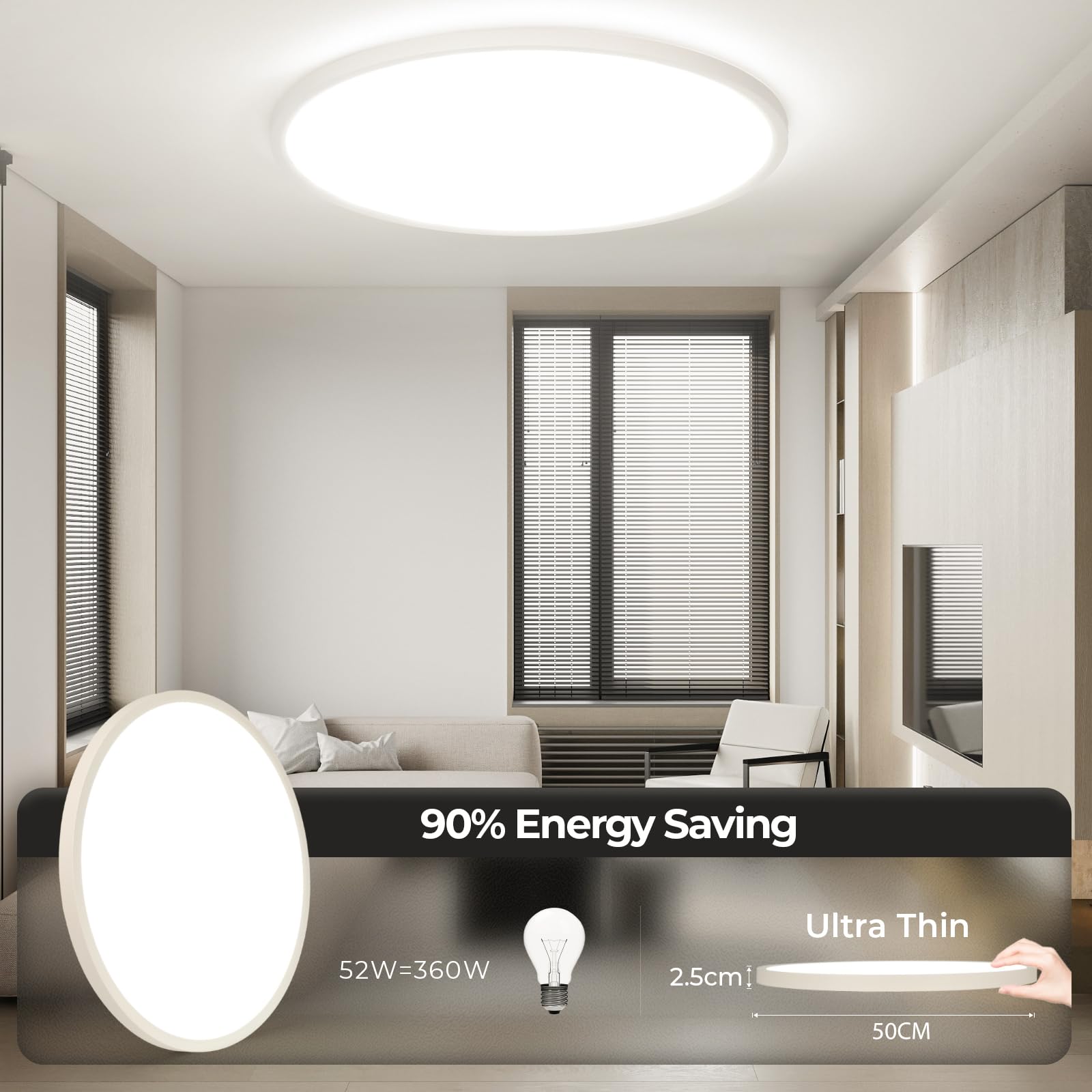 EASY EAGLE Plafon LED Techo, 50CM Superficie Panel Led 4000K, 52W Lámpara de Techo Moderna, Luz LED Techo Para Oficina Dormitorio Salon Cocina Comedor Balcón Baño, Redondo — view 2