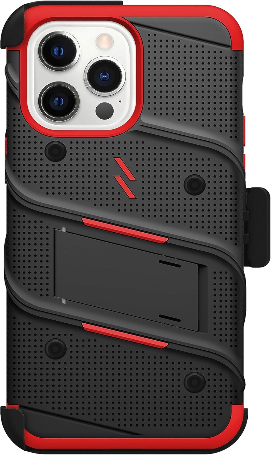 ZIZO Bolt Bundle for iPhone 15 Pro Max Case with Screen Protector Kickstand Holster Lanyard - Red