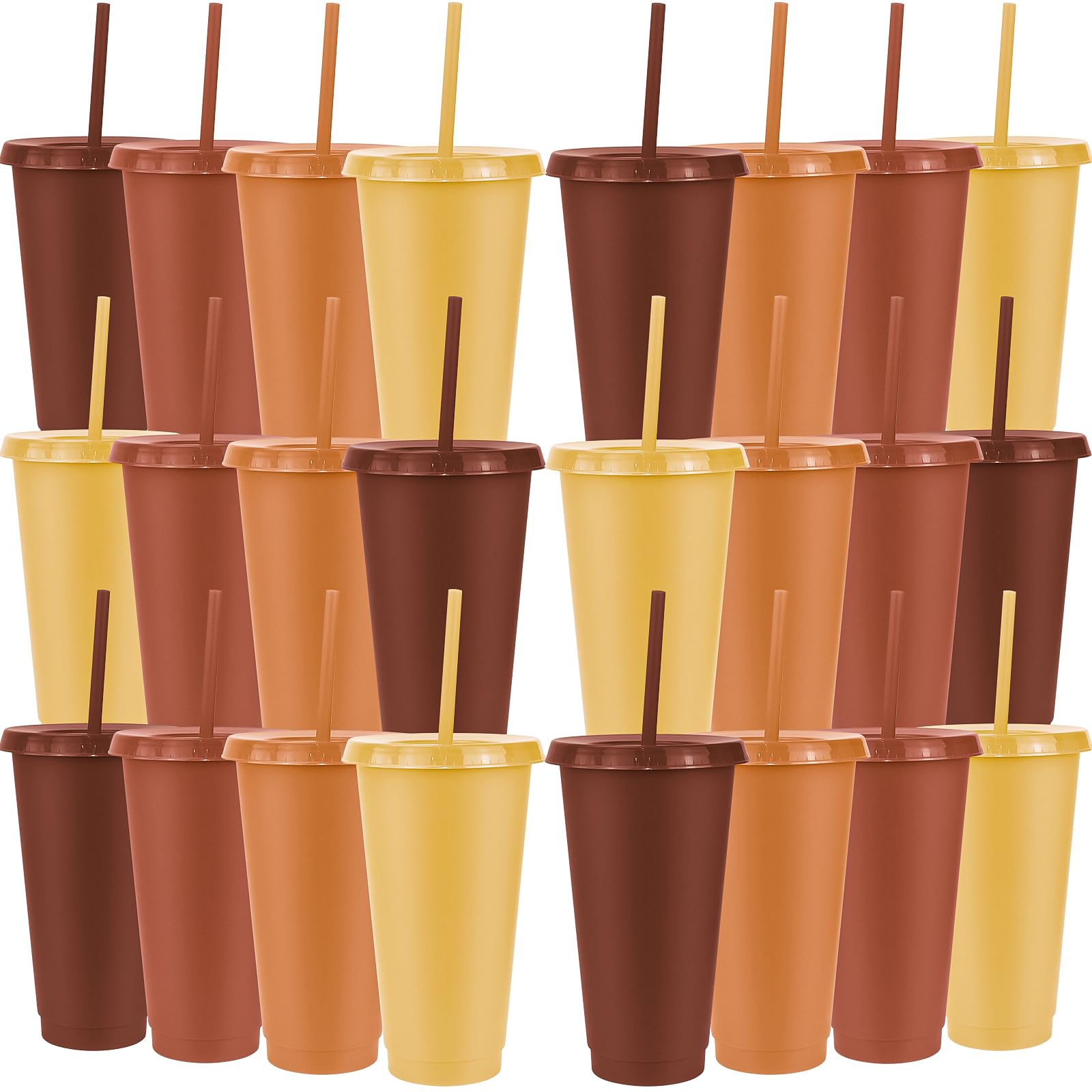 MSYU Lot de 24 grands gobelets en plastique réutilisables avec couvercles et pailles, pour Noël, mariage, fête prénatale, anniversaire (710 ml) (marron)