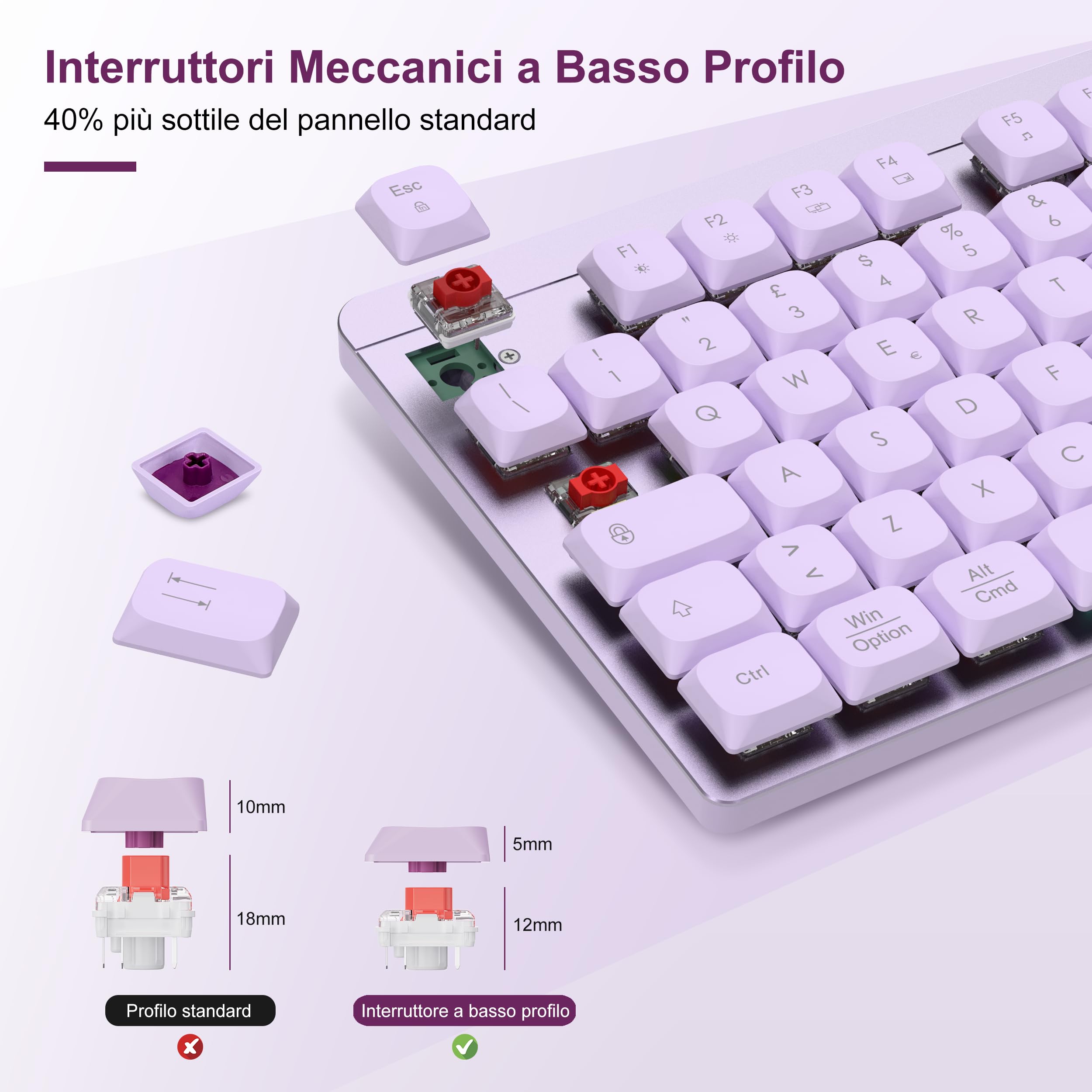 LeadsaiL Tastiera e Mouse Meccanica Wireless FA98, Basso Profilo Switch Rossi Tastiera senza Fili con ricevitore 2.4G, 96% Keyboard, 98 Tasti, Silenzioso, Italian QWERTY per PC Mac/Windows-Lavender