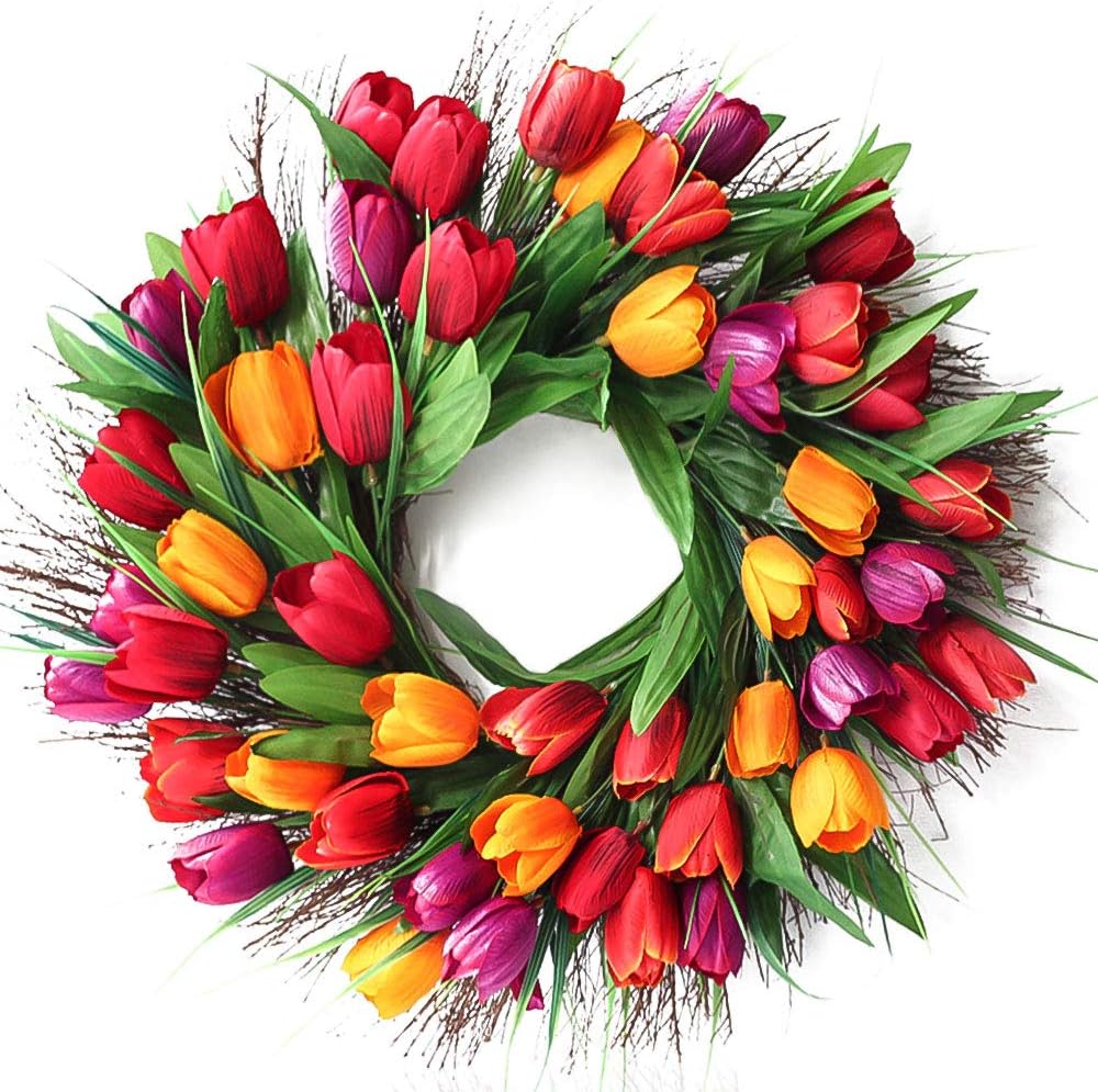 Hoomall 16" Tulip Wreath Spring Wreath, Spring Wreath for Front Door, Red Tulip Valentines Wreath for Indoor Outdoor, Home Office Wall Holiday Peony Wreath Decor Valentines Day Wreath