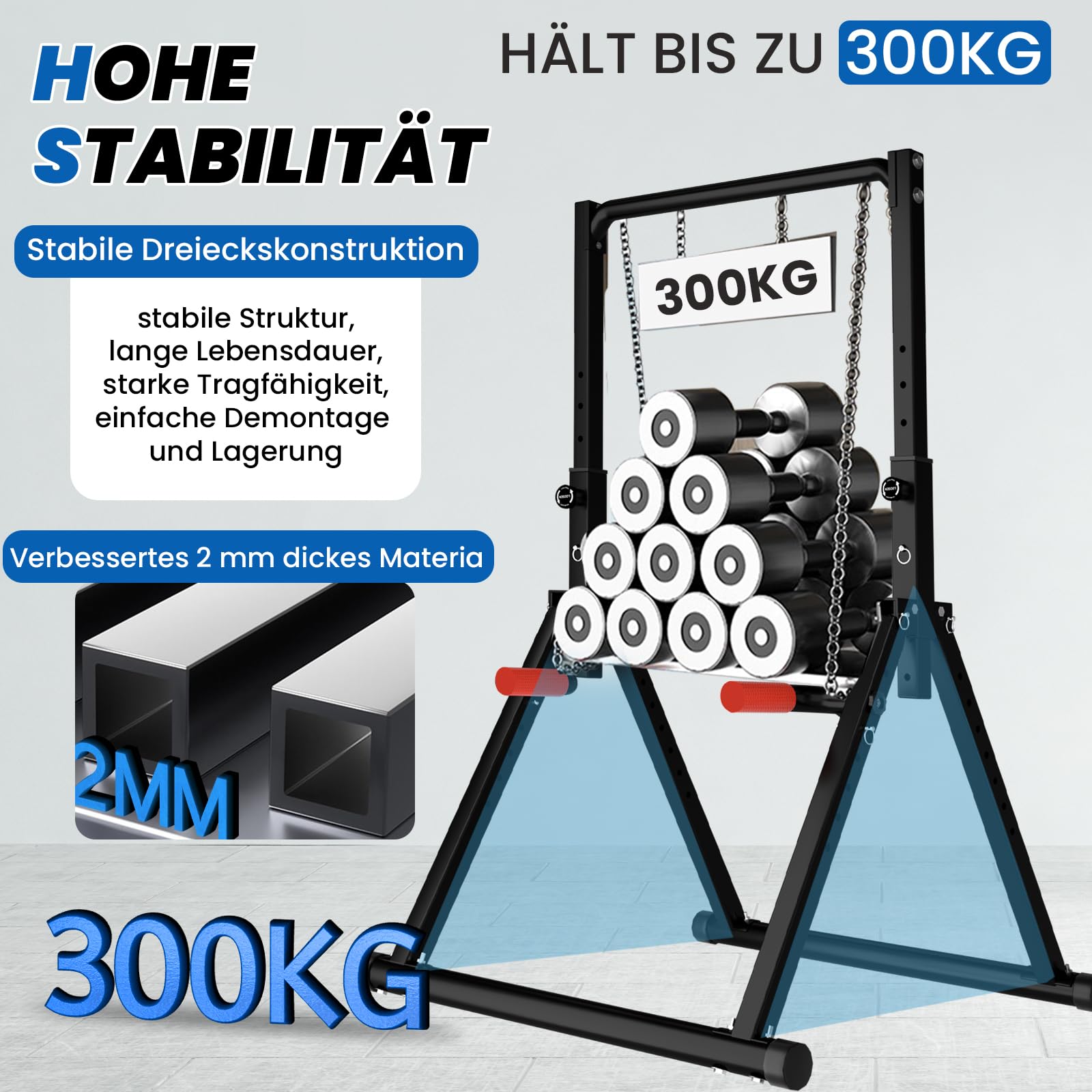 DOBESTS Faltbar Power Tower Dip Station Klimmzugstange Freistehend Höhenverstellbar Multifunktional Fitness Trainingsgerät für Klimmzugstange Liegestütze Abdominal, Dreiecksstruktur