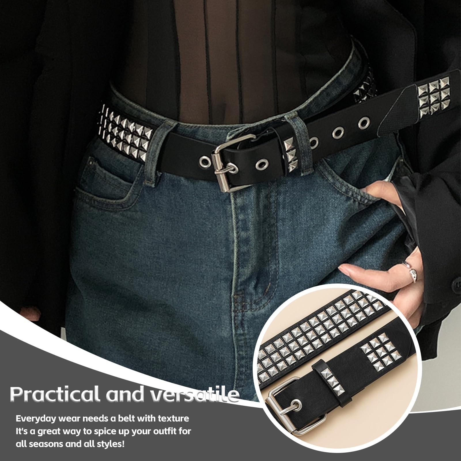 Y2K pasek, pasek z nitowanymi brzegami z 3 nitowanymi opaskami Czarny pasek z PU skóry z brokatem Zestaw pasków Nitowany Punk Gothic Biżuteria Akcesoria dla kobiet i mężczyzn