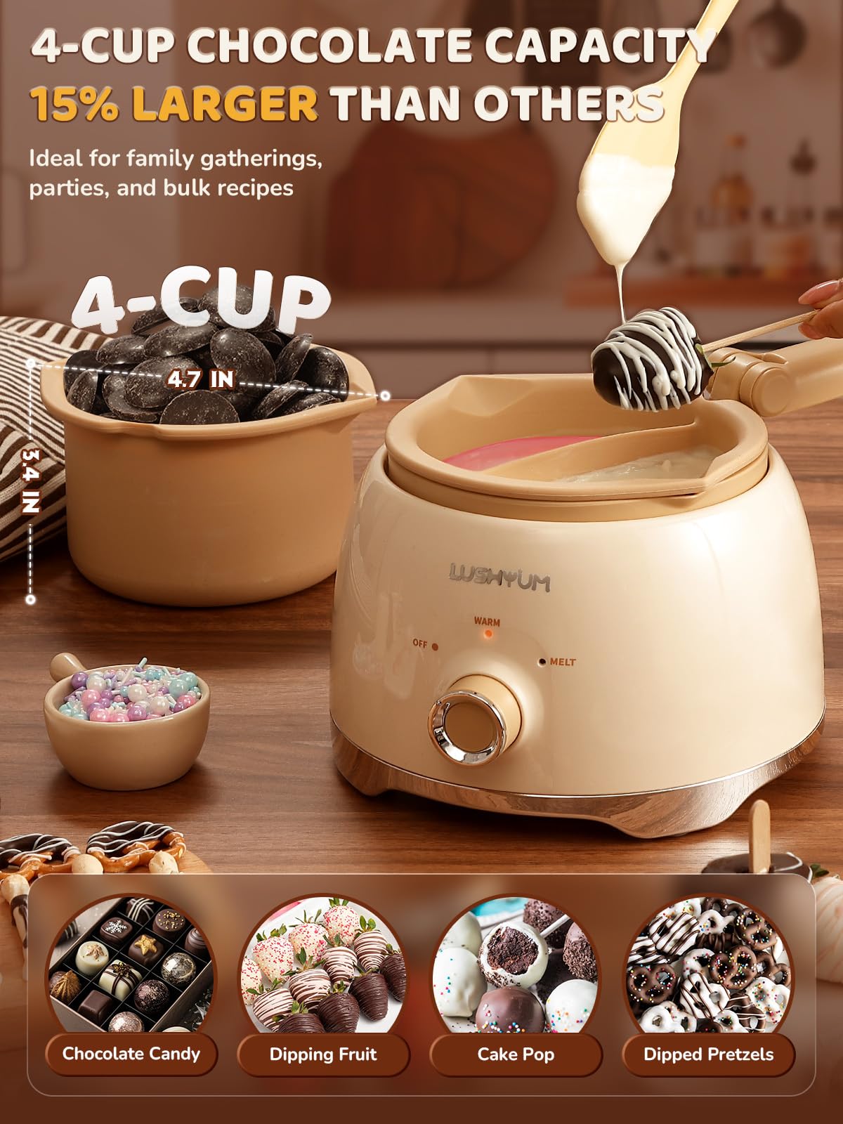 LUSHYUM Olla para derretir chocolate con 2 macetas de inserción, máquina calentadora de capacidad de 4 tazas, herramienta de inmersión ideal, suministros de cocina, regalo para hacer pasteles, fresas,