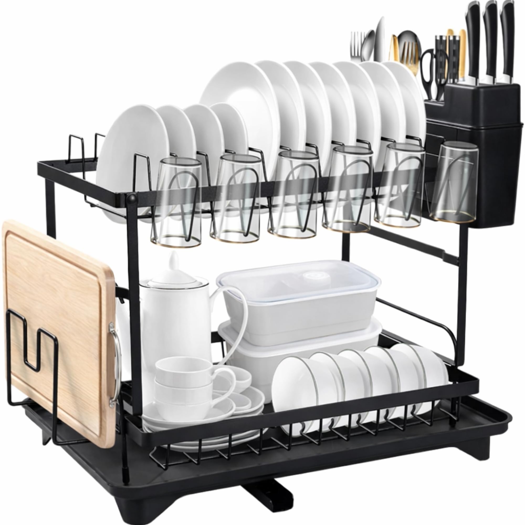 YOSTECH Large Capacity 2-Tier Dish Drainer Rack with Draining Board, Cup and Cutting Board Holders and a Sleek Black Design, Ideal for Tidy and Organized Kitchens
