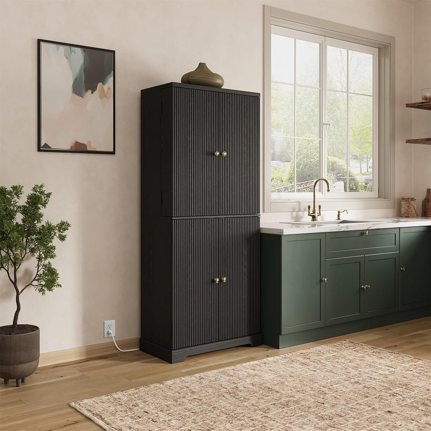 71" Tall Fluted Kitchen Pantry Cabinet, Modern Fluted Pantry Cabinet with Doors, Kitchen Pantrys Storage Cabinets with Drawer and Adjustable Shelves Doors for Dining Room, Living Room, Bathroom Black