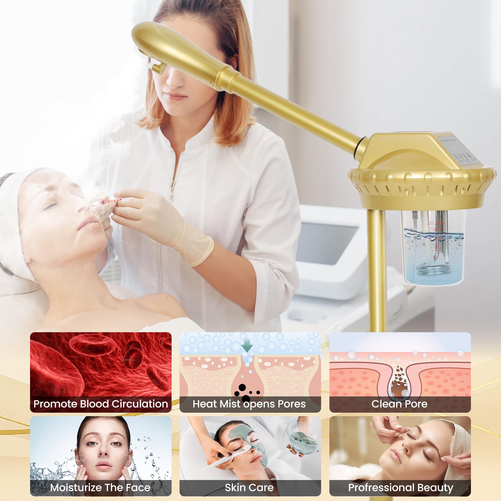 Vaporizador facial profesional con más vapor para una limpieza profunda e hidratación, vaporizador para esteticistas sobre ruedas con ajuste de tiempo, altura ajustable para mayor belleza