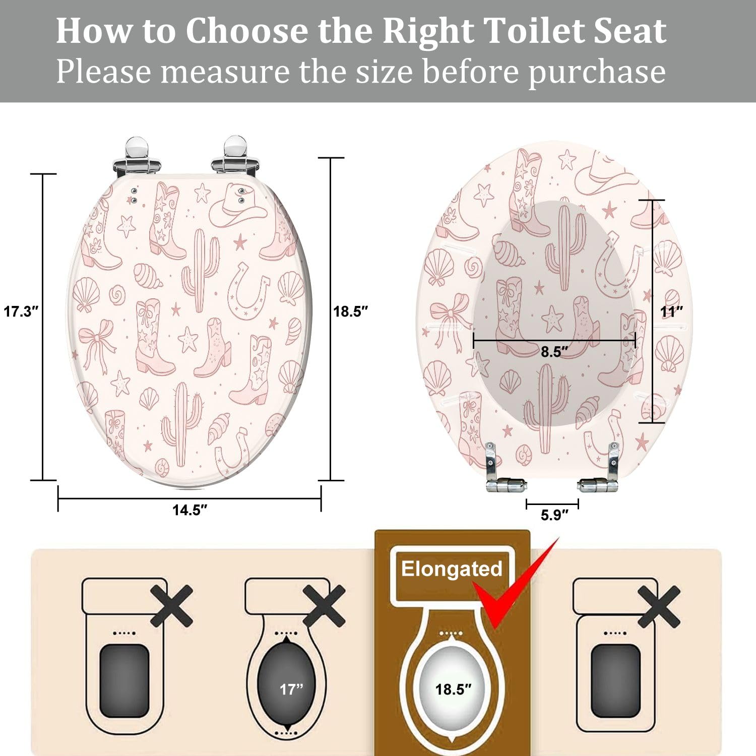 Elongated Toilet Seat Pink Coastal Cowgirl Seamless Pattern Western Beach Girly Cowboy Resin Toilet Seat Quietly Close Quick Release Hinges with Cover Bumpers Decorative Easy to Install Clean