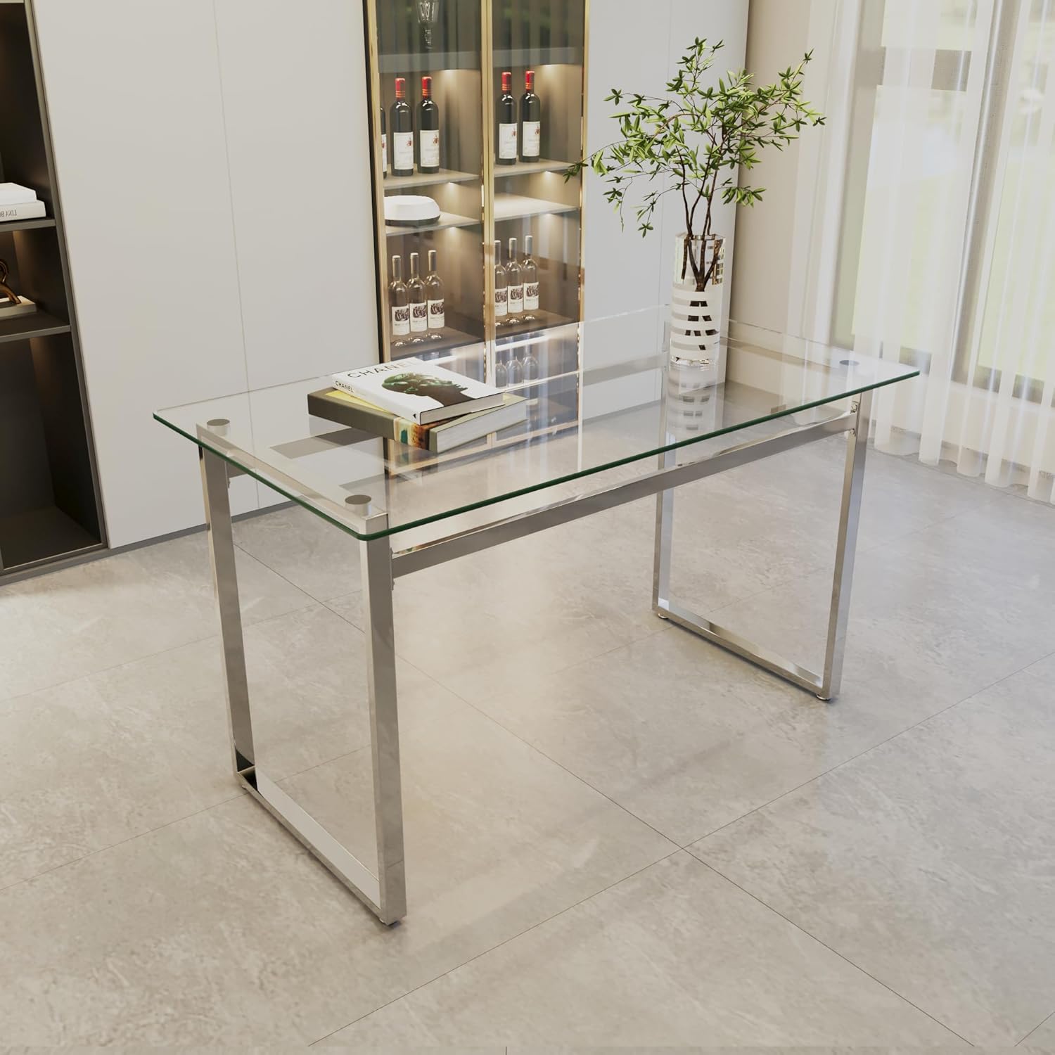 Modern Glass Dining Table,51'' Rectangle Kitchen Table with Tempered Glass Tabletop and Metal Leg,Glass Dining Table for 4 Suitable Kitchen Dining Living Meeting Room (Silver, 51 in)