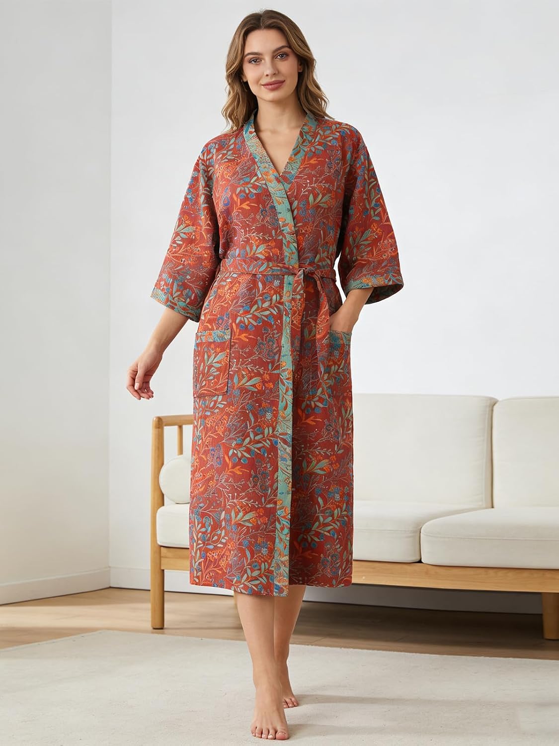 Cotton Gauze Robe for Wome Plus Size Kimono Robe Muslin Bathrobe with Belt Pocket Loungewear Yukata Sleepwear