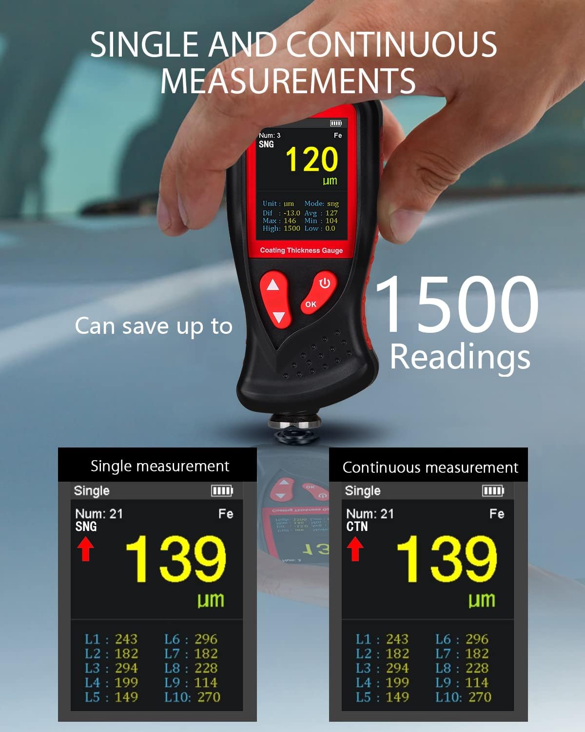 Buy Wintact Paint Coating Thickness Gauge Meter 01300um, 1500 Readings Storage, 360°Screen